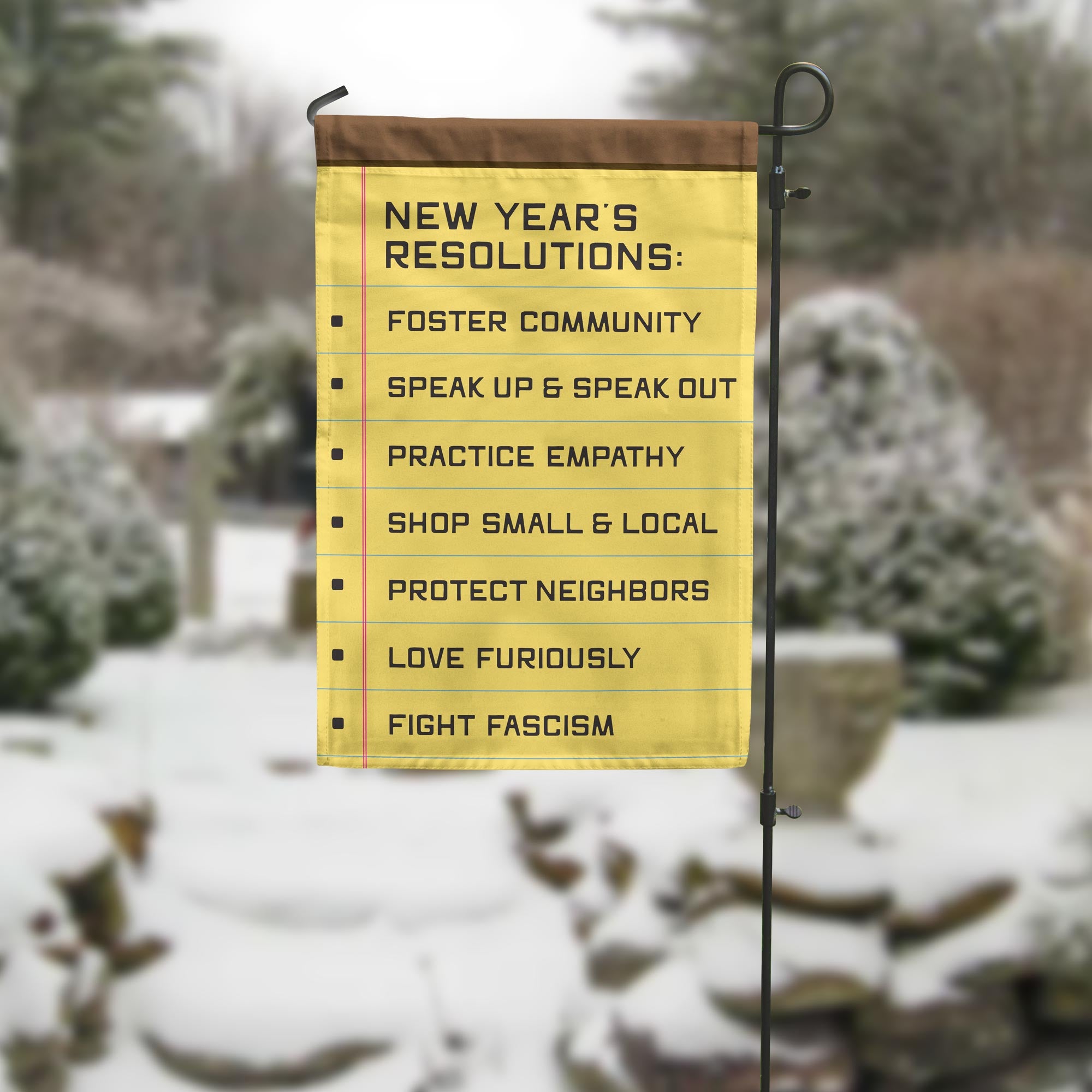 Garden flag with New Year's resolutions on a snowy background