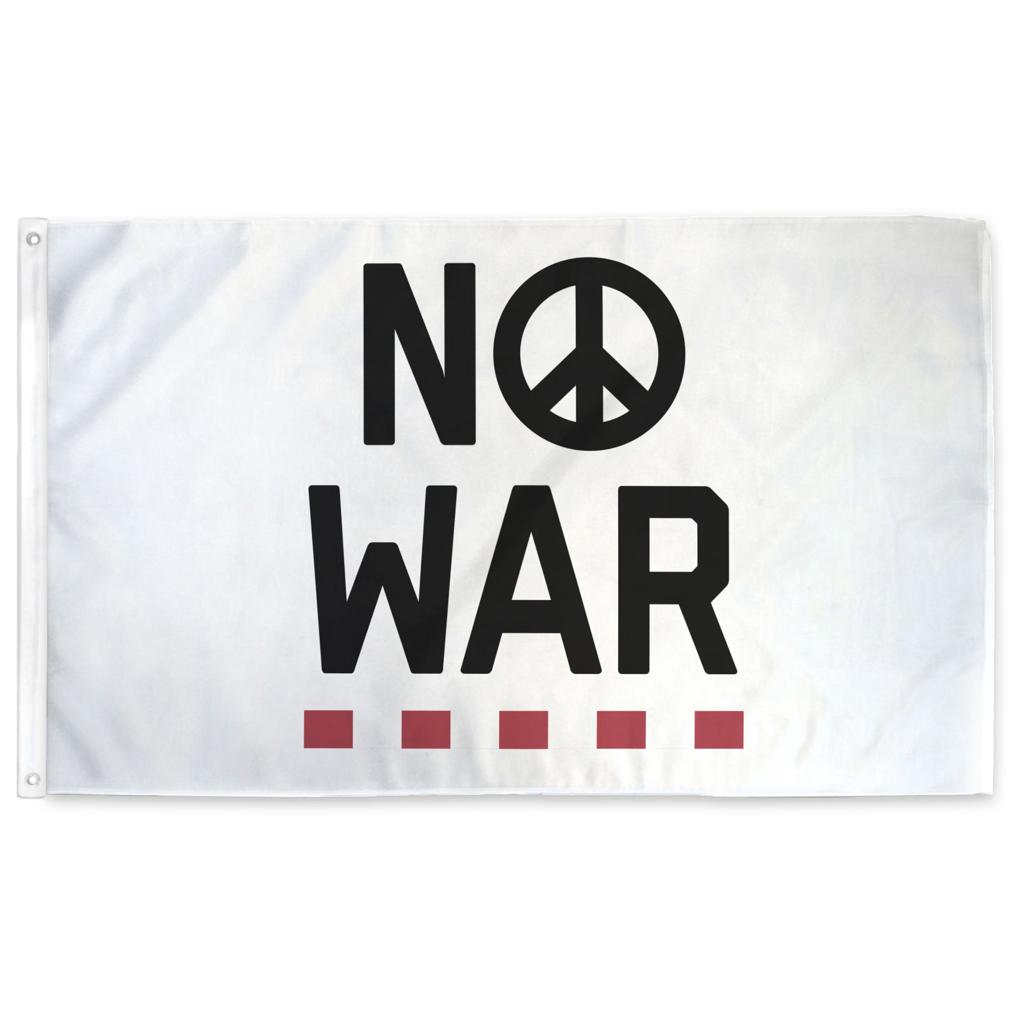 Flag with 'NO WAR' text and peace symbol on a white background