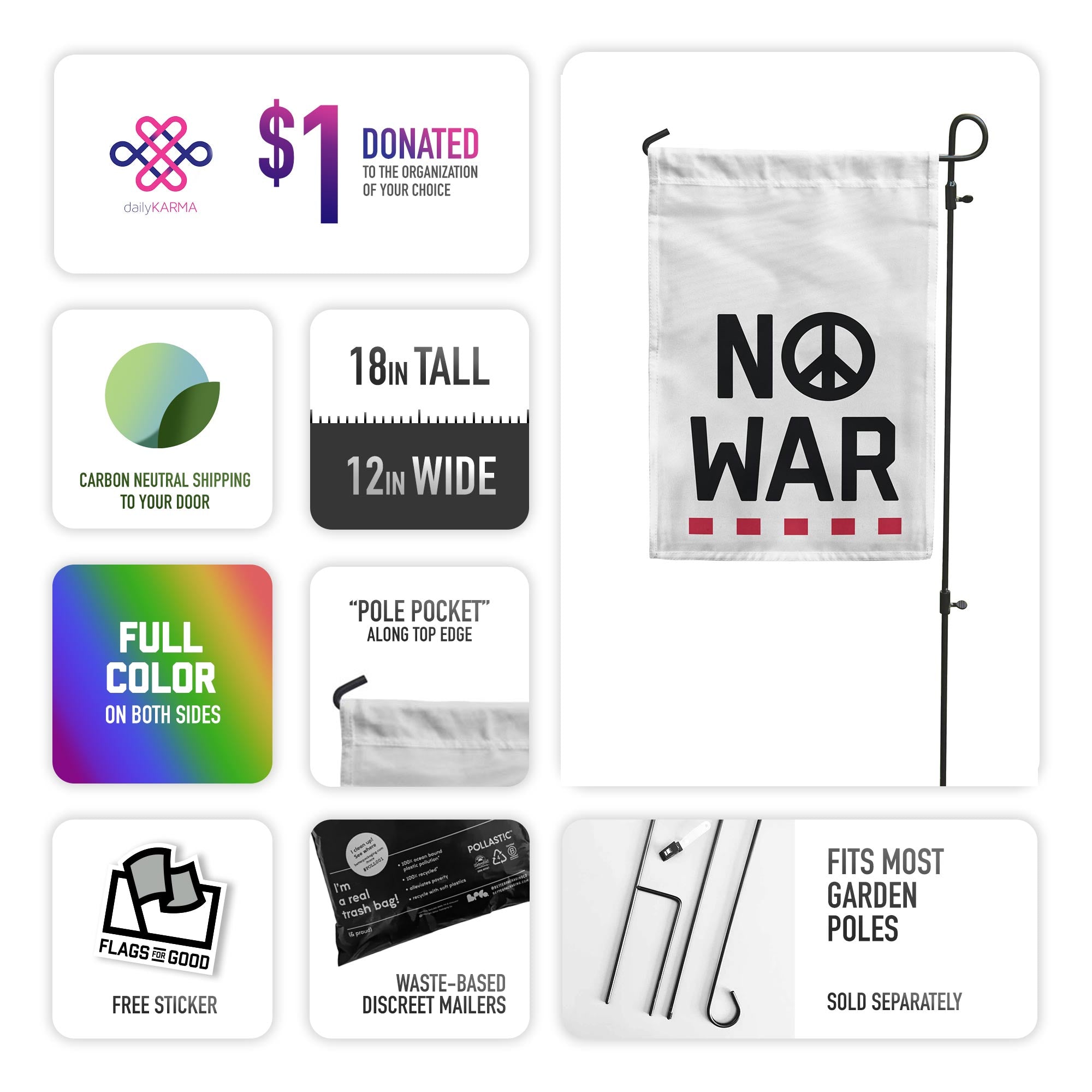 "No War" garden flag showing it's specs like size (18in x 12in), full color, carbon neutral shipping, and $1 Donated.