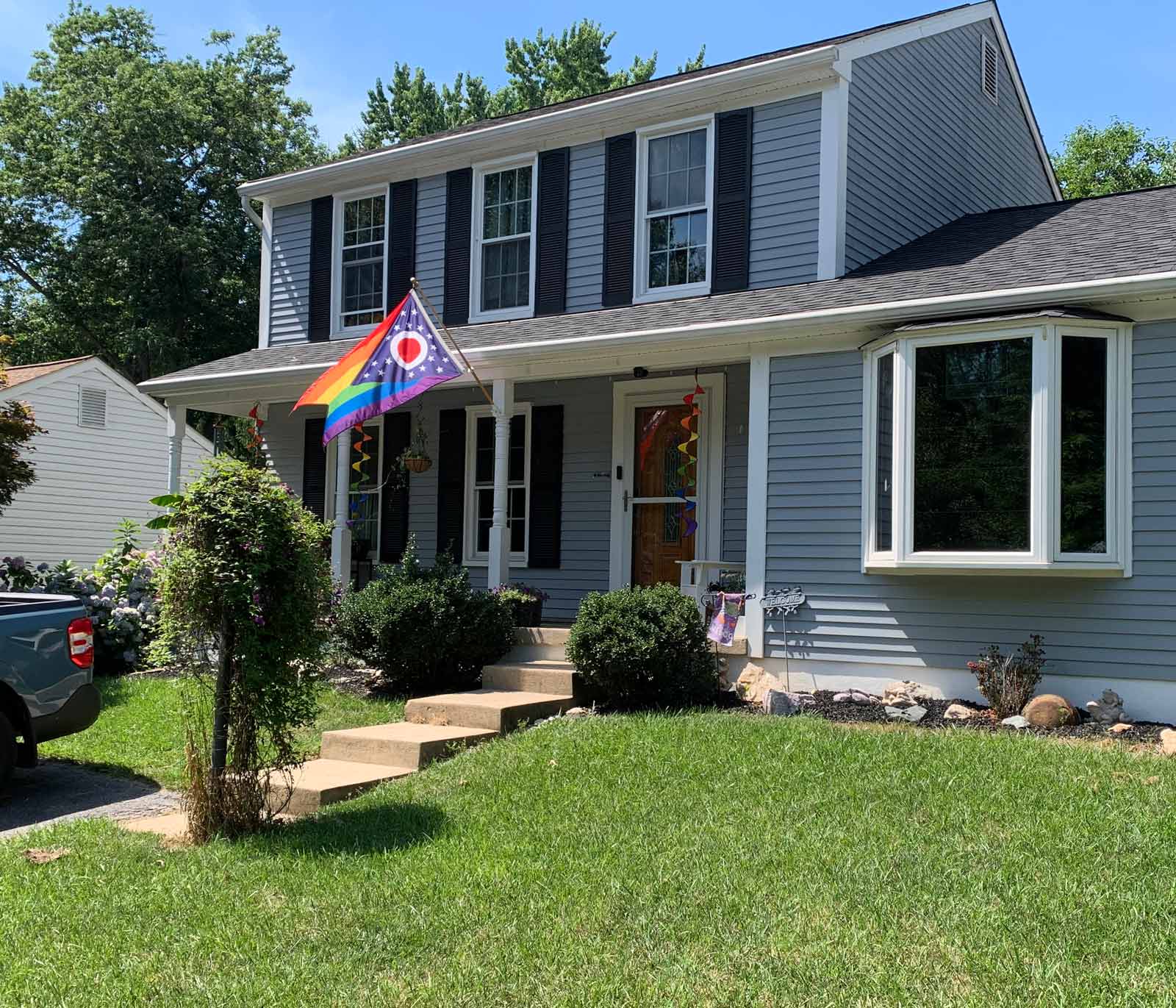 Ohio LGBTQ+ Rainbow Pride Flag on the front of a home