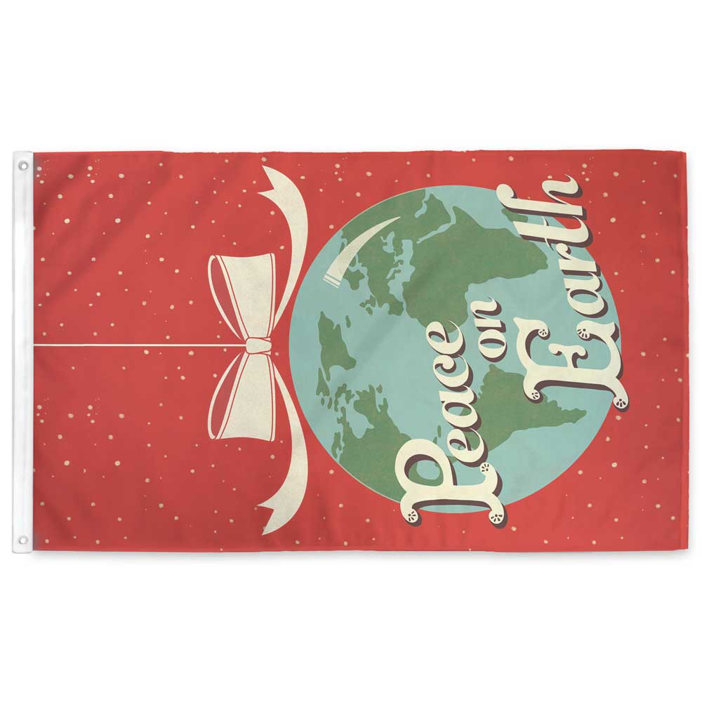 A rectangular flag with a red background featuring a graphic of a globe with 'Peace on Earth' text, framed by a white ribbon bow at the top.