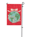 peace on earth garden flag with peace on earth written on earth ornament in front of red background, vintage feel