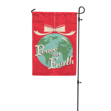 peace on earth garden flag with peace on earth written on earth ornament in front of red background, vintage feel