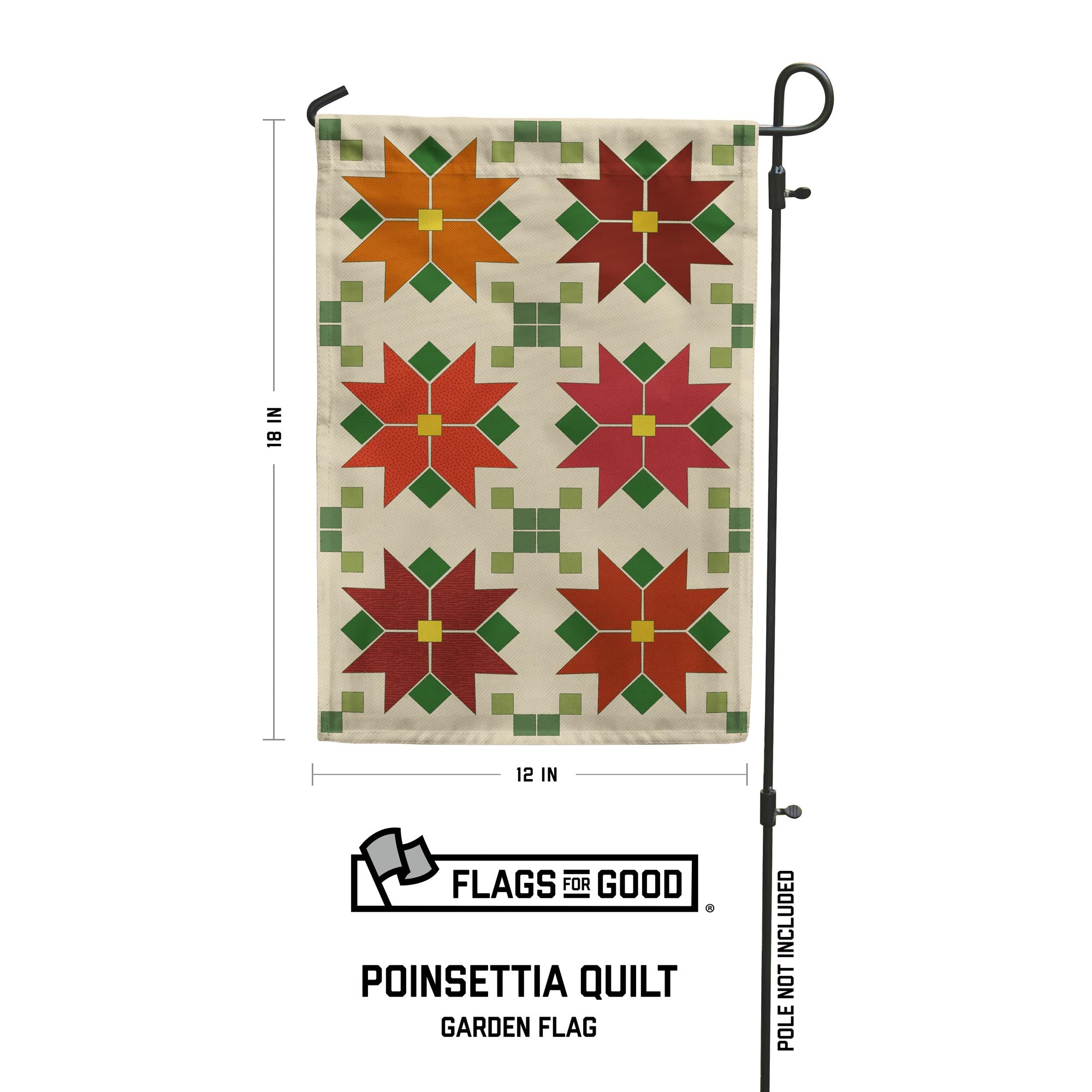 Poinsettia Quilt Garden Flag Dimension Infographic - 18inches tall and 12 inches wide