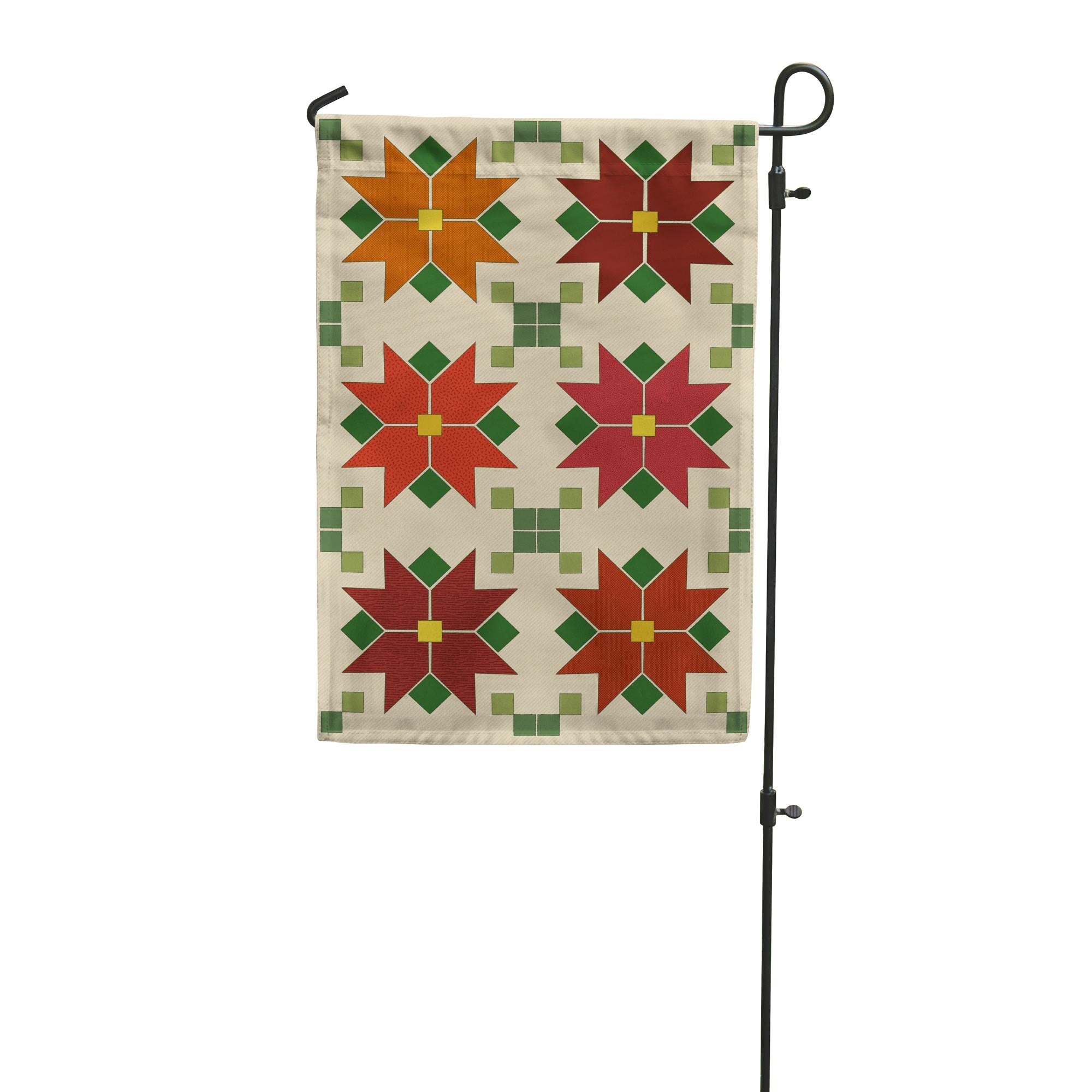 Decorative garden flag with red and green poinsettia pattern on a cream background. Designed by Flags for Good
