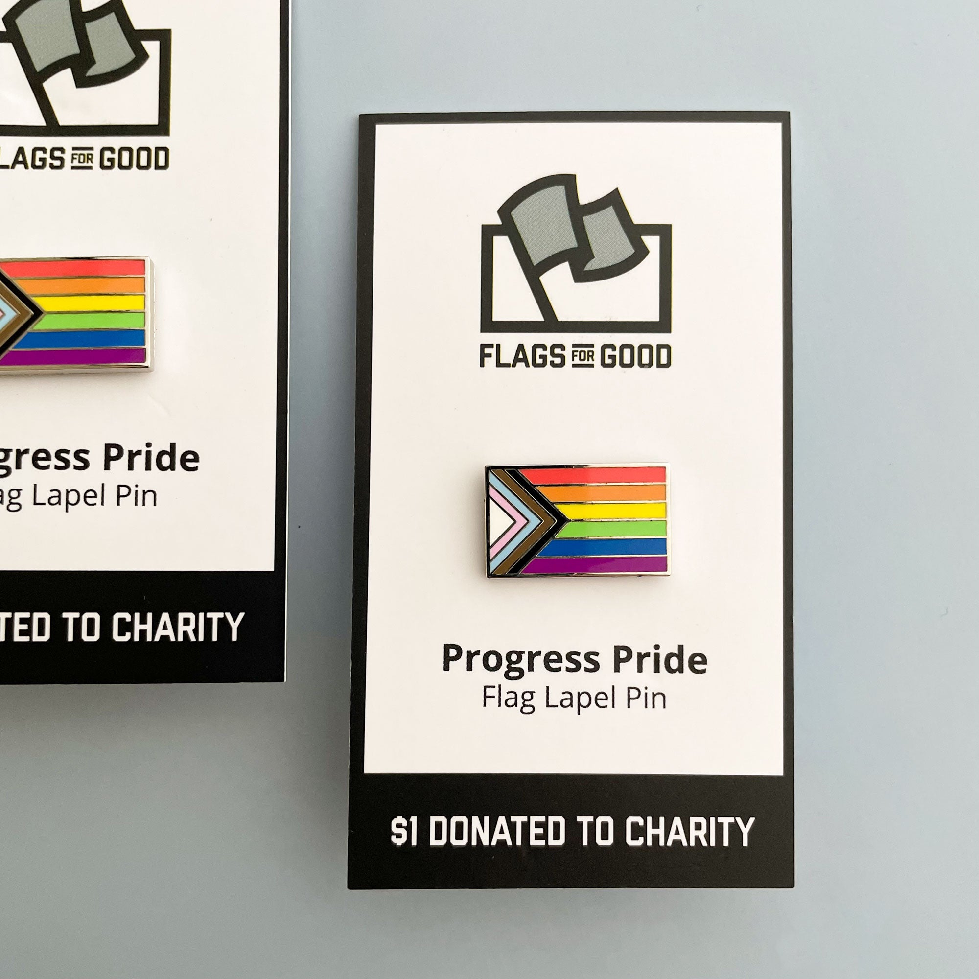 Progress Pride Flag lapel enamel pin with $1 donated to charity