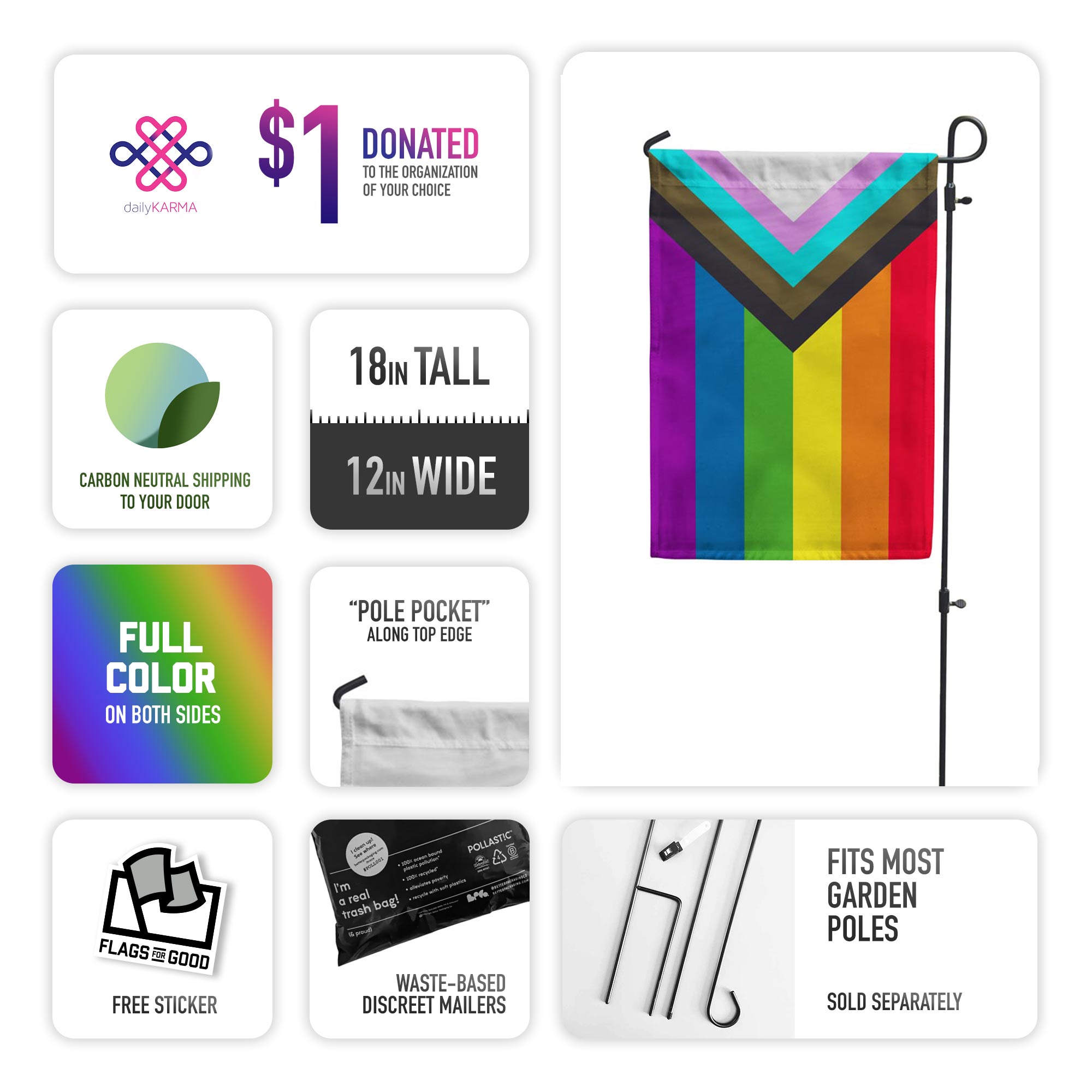 Progress Pride vertical Garden Flag by Flags For Good specs