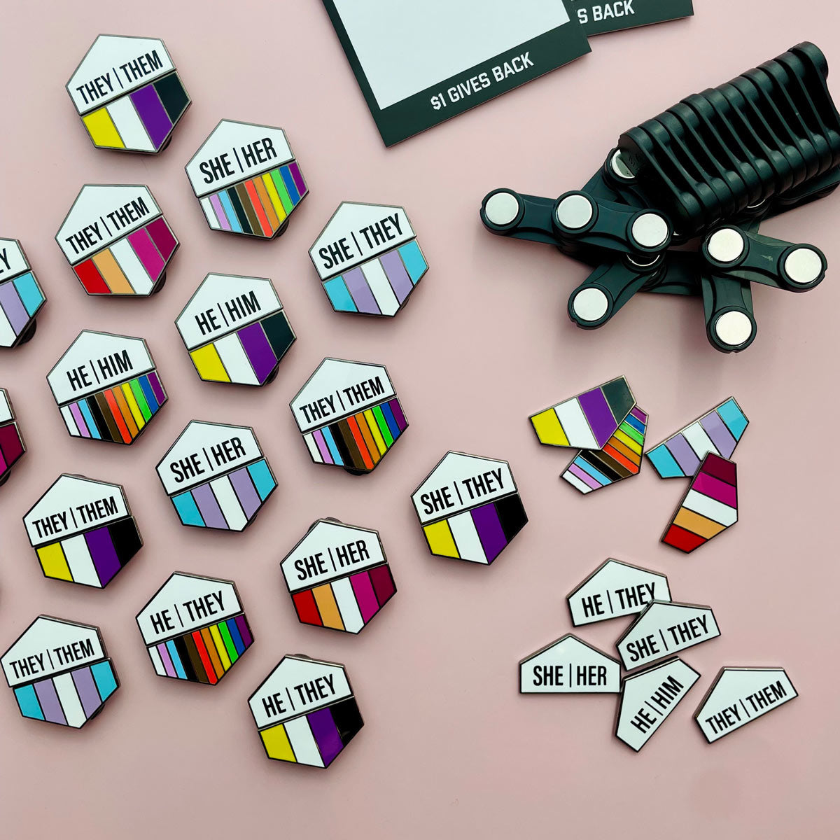 Pronoun + Pride Flag Magnetic Pin Set