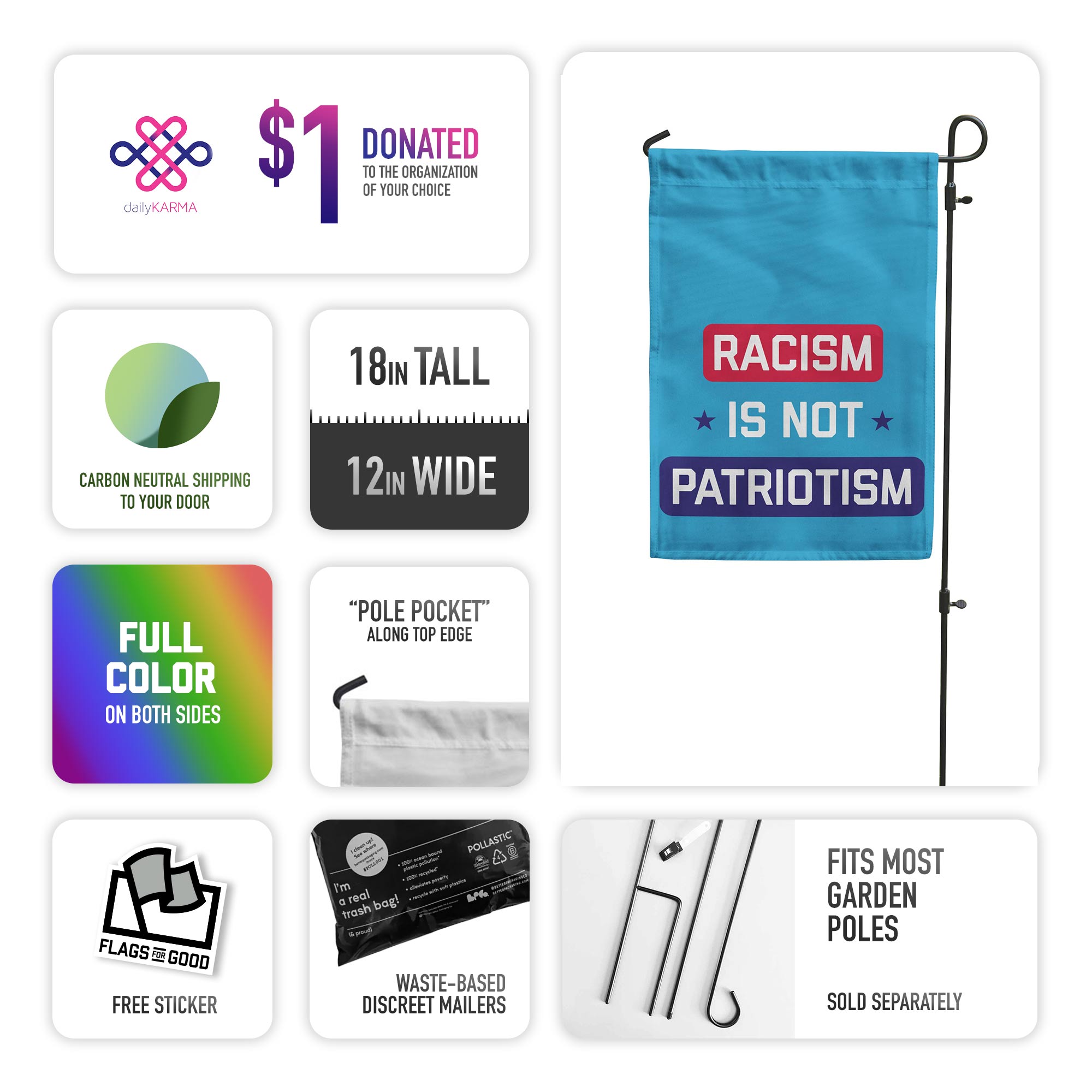 Garden flag with 'Racism is not Patriotism' text on a blue background, with dimensions and specs and 'Flags for Good' branding.