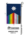 new minnesota garden flag with LGBTQ pride colors on the fly with 18in by 12in measurements