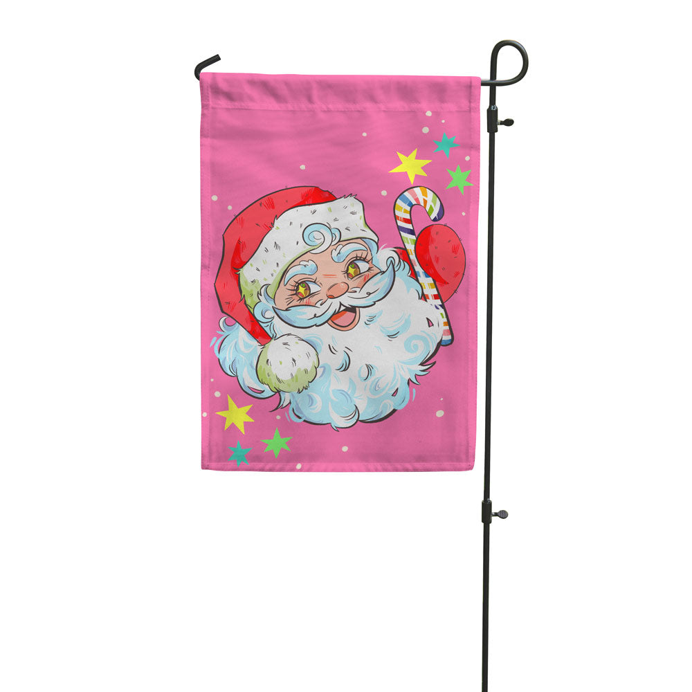 jolly rainbow Santa garden flag on pink background