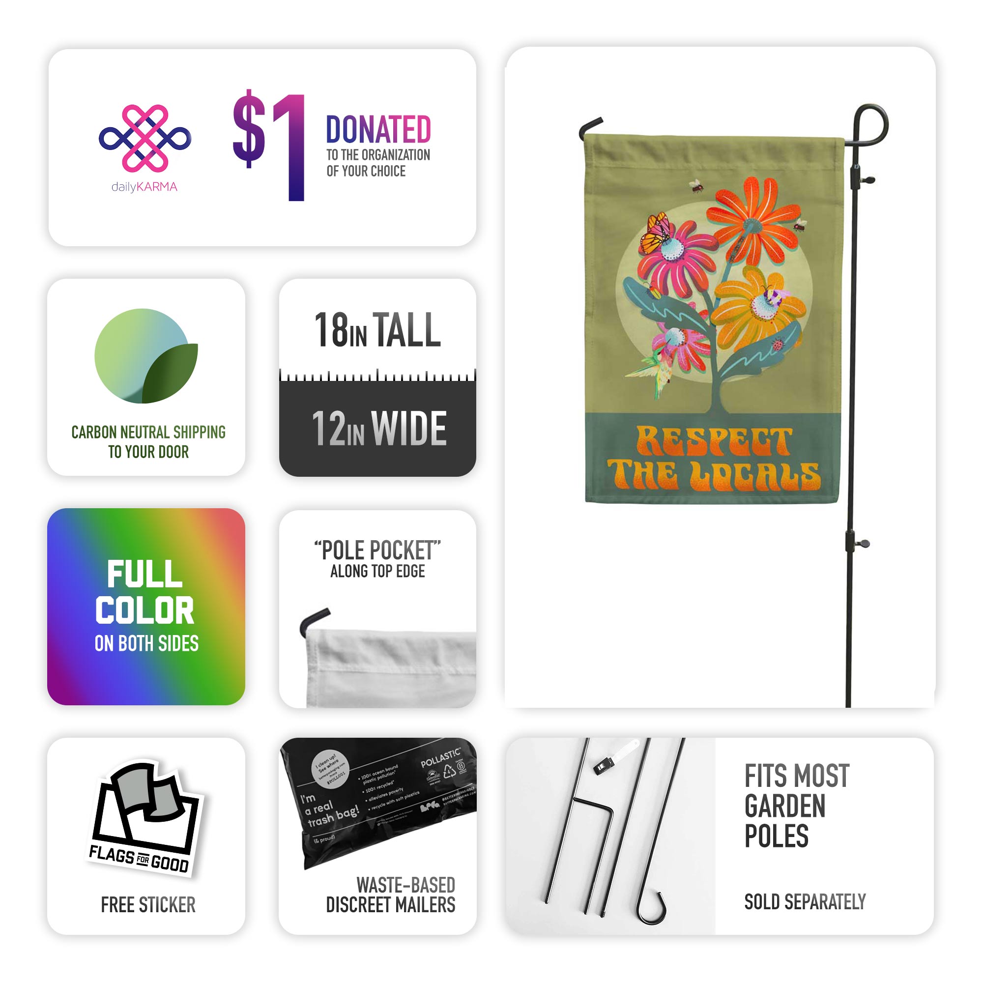 Respect the locals pollinator garden flag spec sheet