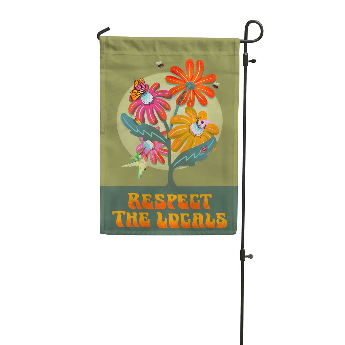 "Respect the Locals" garden flag with image of native plants, bees, and butterflies on a green background.