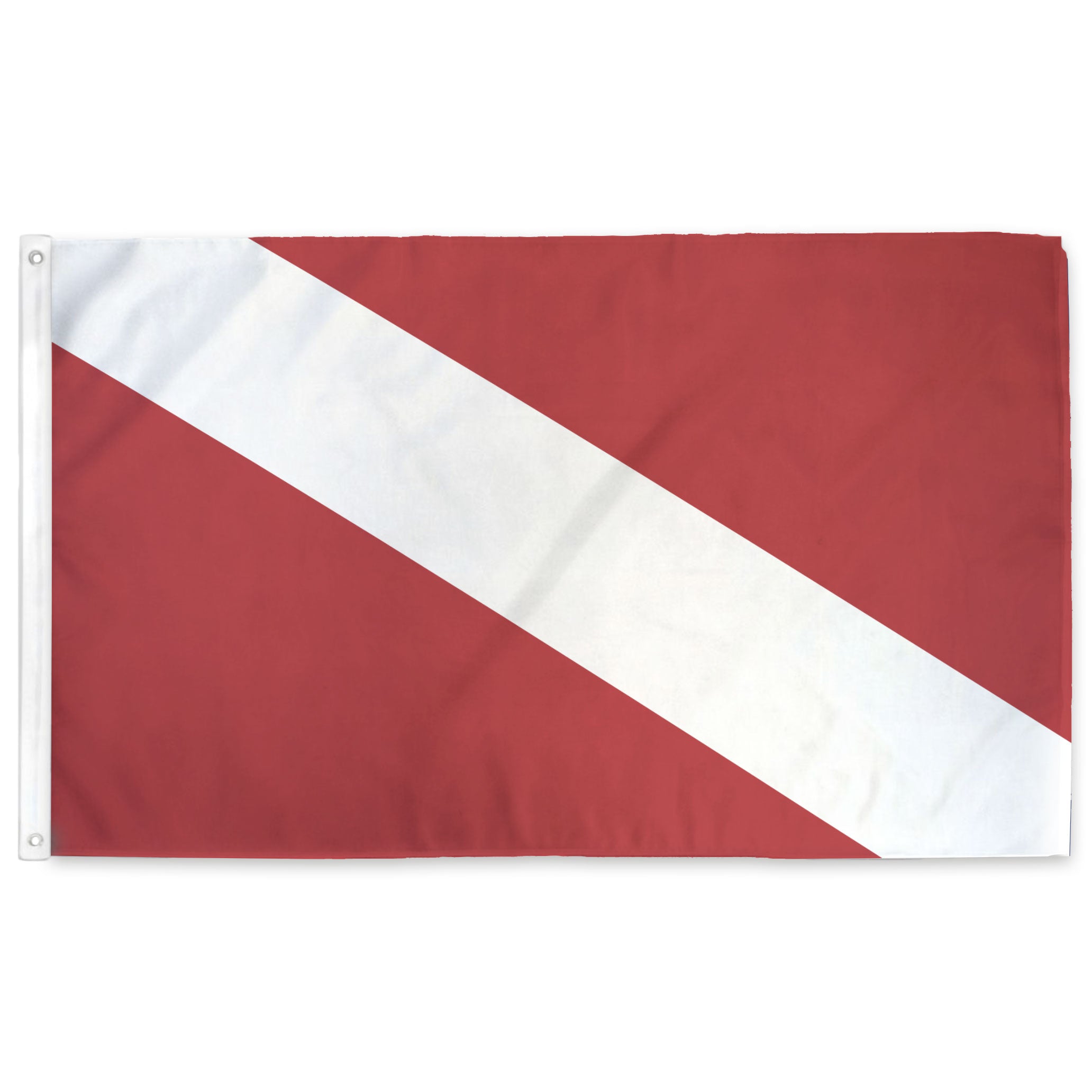 SCUBA flag which is a red flag with a white diagonal stripe on a white background