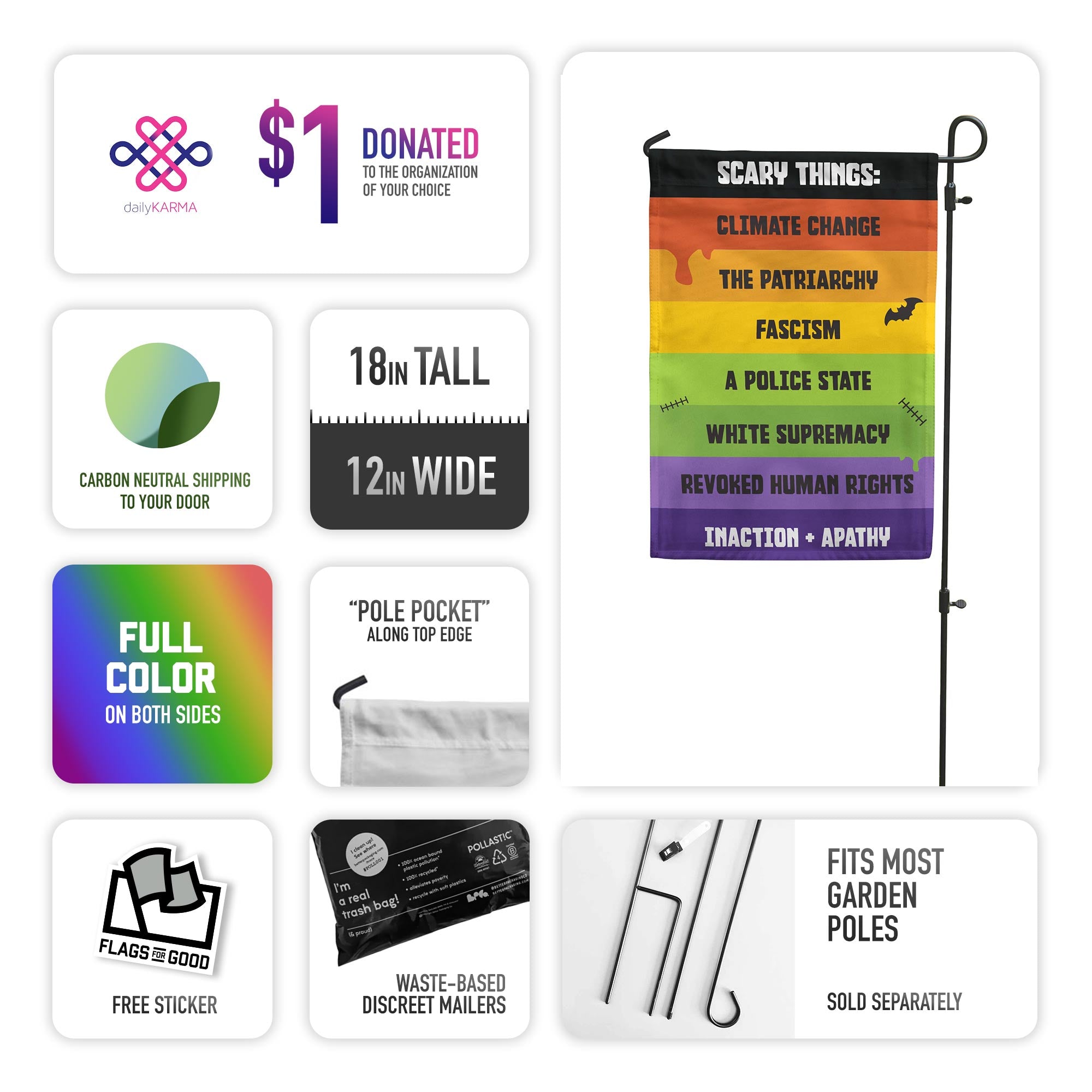 Info Graphic about the purchase: 1% donated, carbon neutral shipping, 18" x 12", full color, pole pocket, free sticker, waste-based discreet mailers,  fits most garden poles that are sold separately 