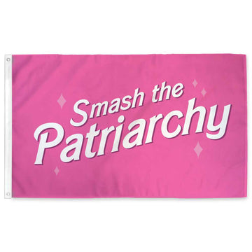 Smash the patriarchy flag in hot pink with white lettering and added sparkles. Designed by Flags for Good