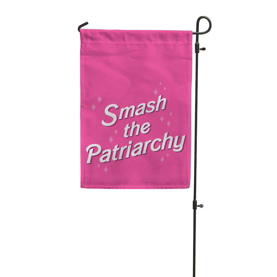 smash the patriarchy garden flag in hot pink with white lettering. designed by flags for good