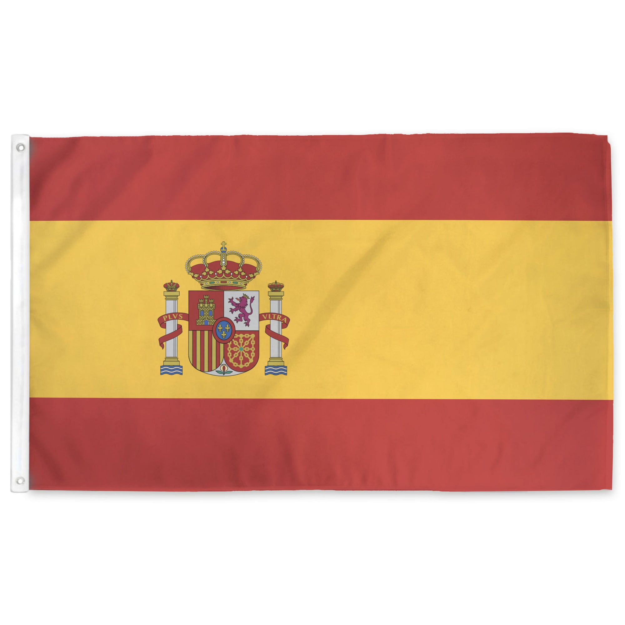 Flag of Spain with red and yellow stripes and a coat of arms in the center.
