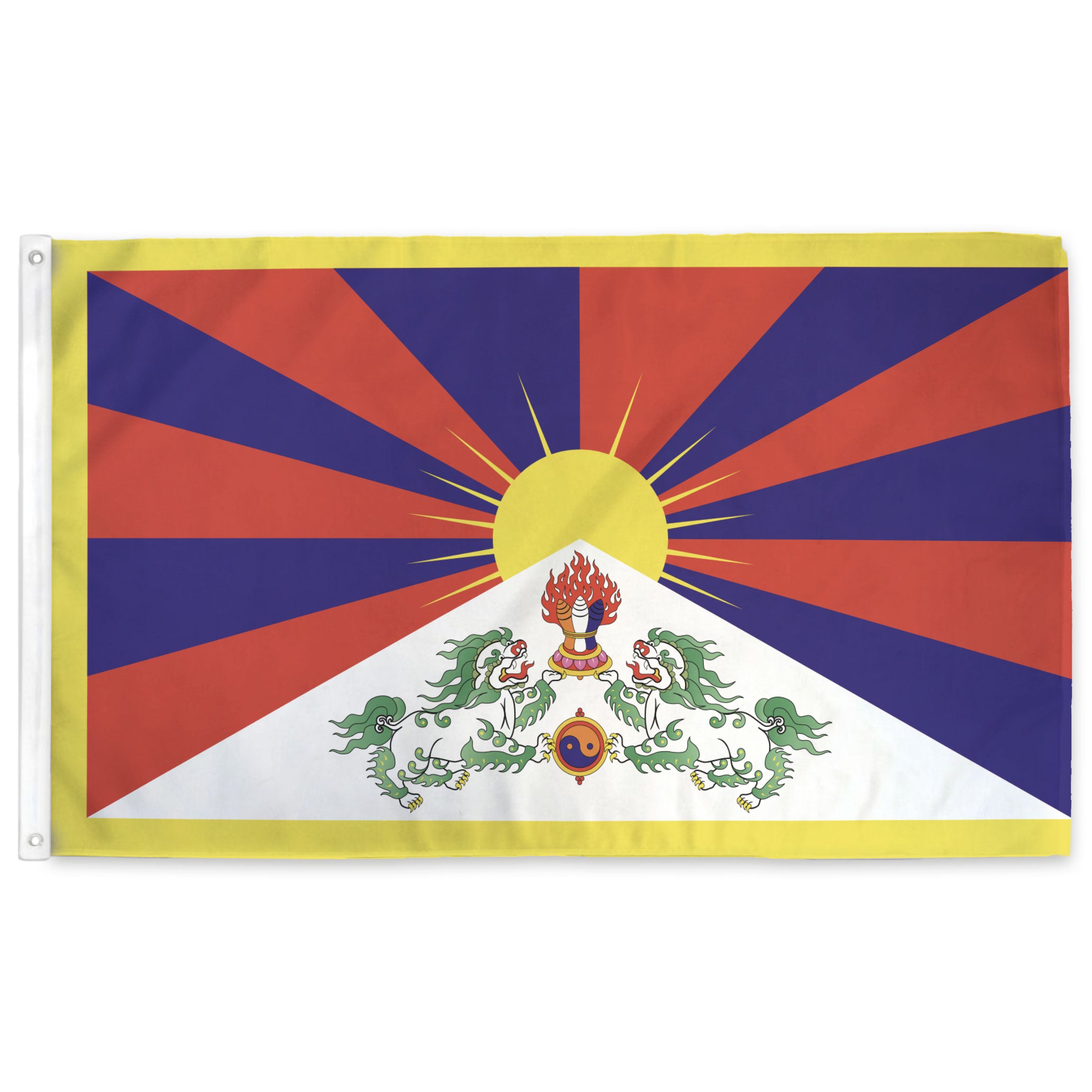 Tibetan flag with red and blue background, yellow sun, and white triangle with two dragons.