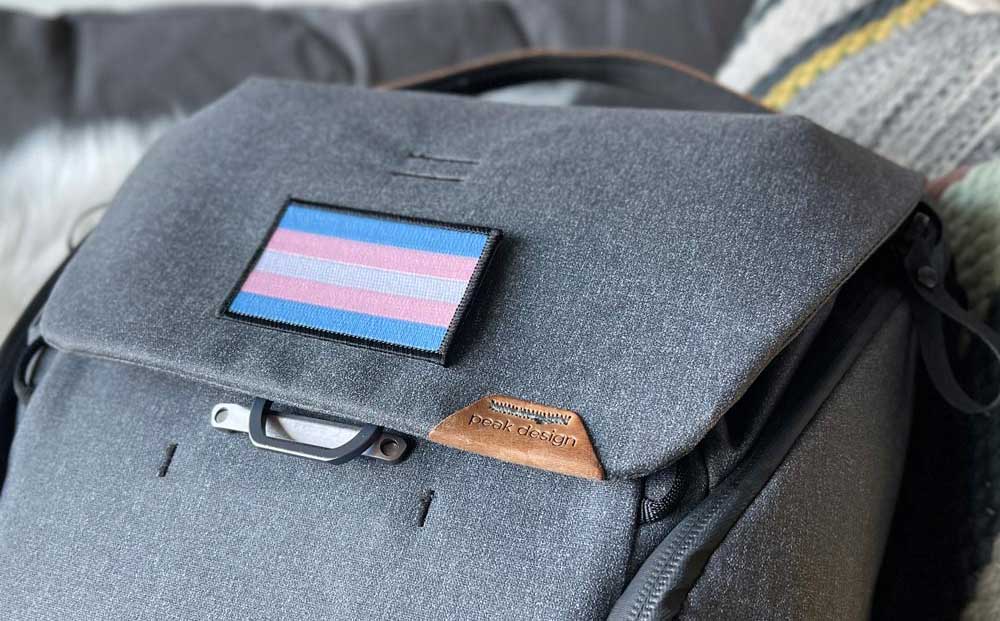 Transgender Pride Flag Patch on a Backpack