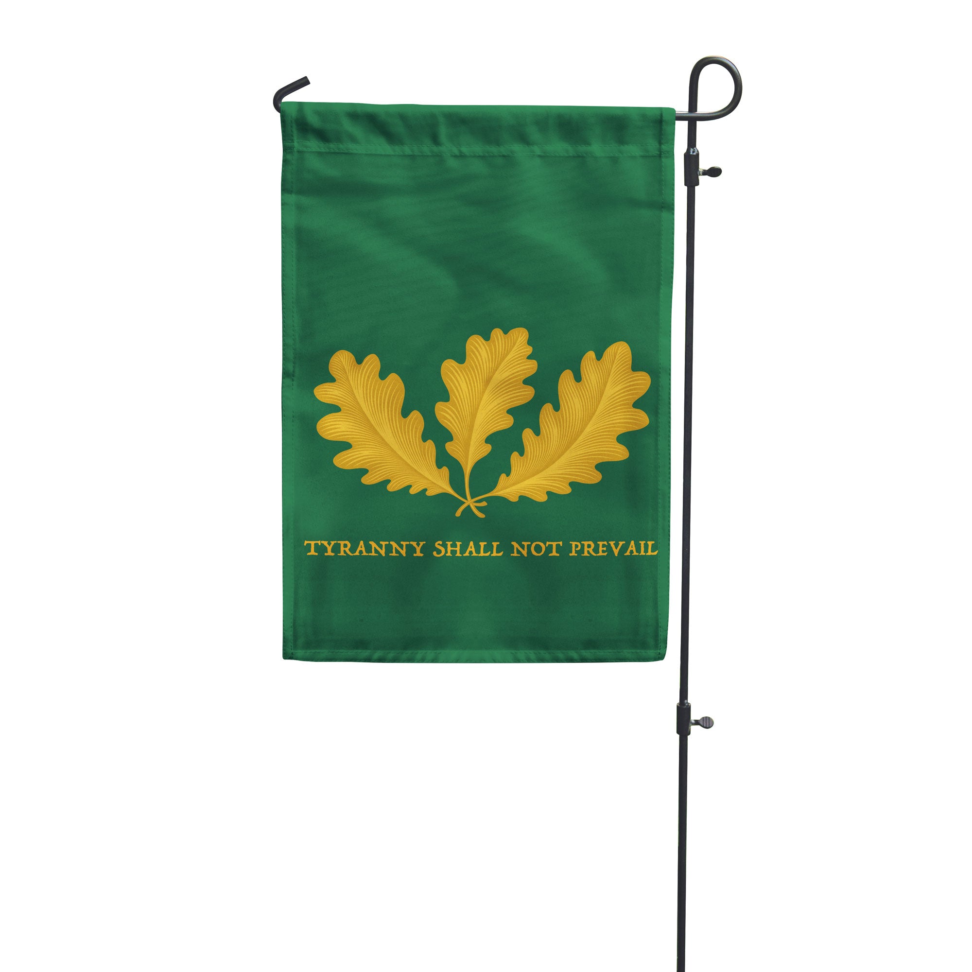 Green garden flag with yellow leaves and 'Tyranny Shall Not Prevail' text on a white background