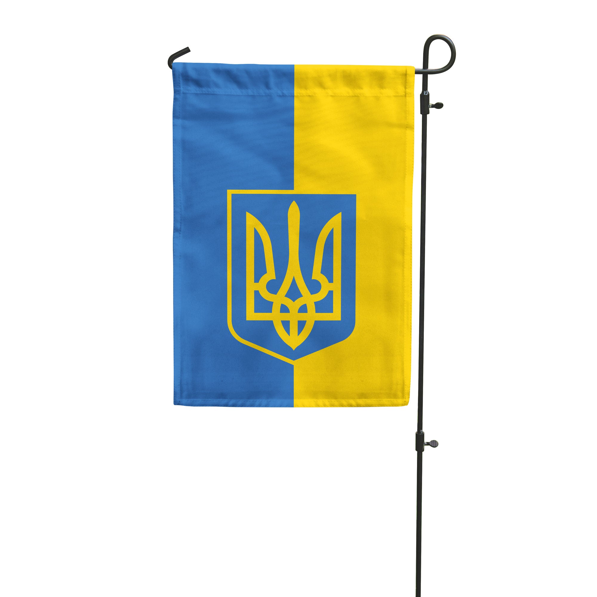 Flag of Ukraine garden flag with the tryzub coat of arms overlayed