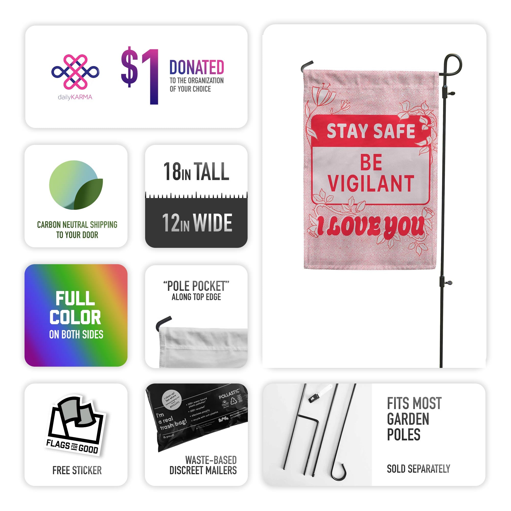 Garden flag with 'Stay Safe, Be Vigilant, I Love You' text on a white background with promotional graphics.