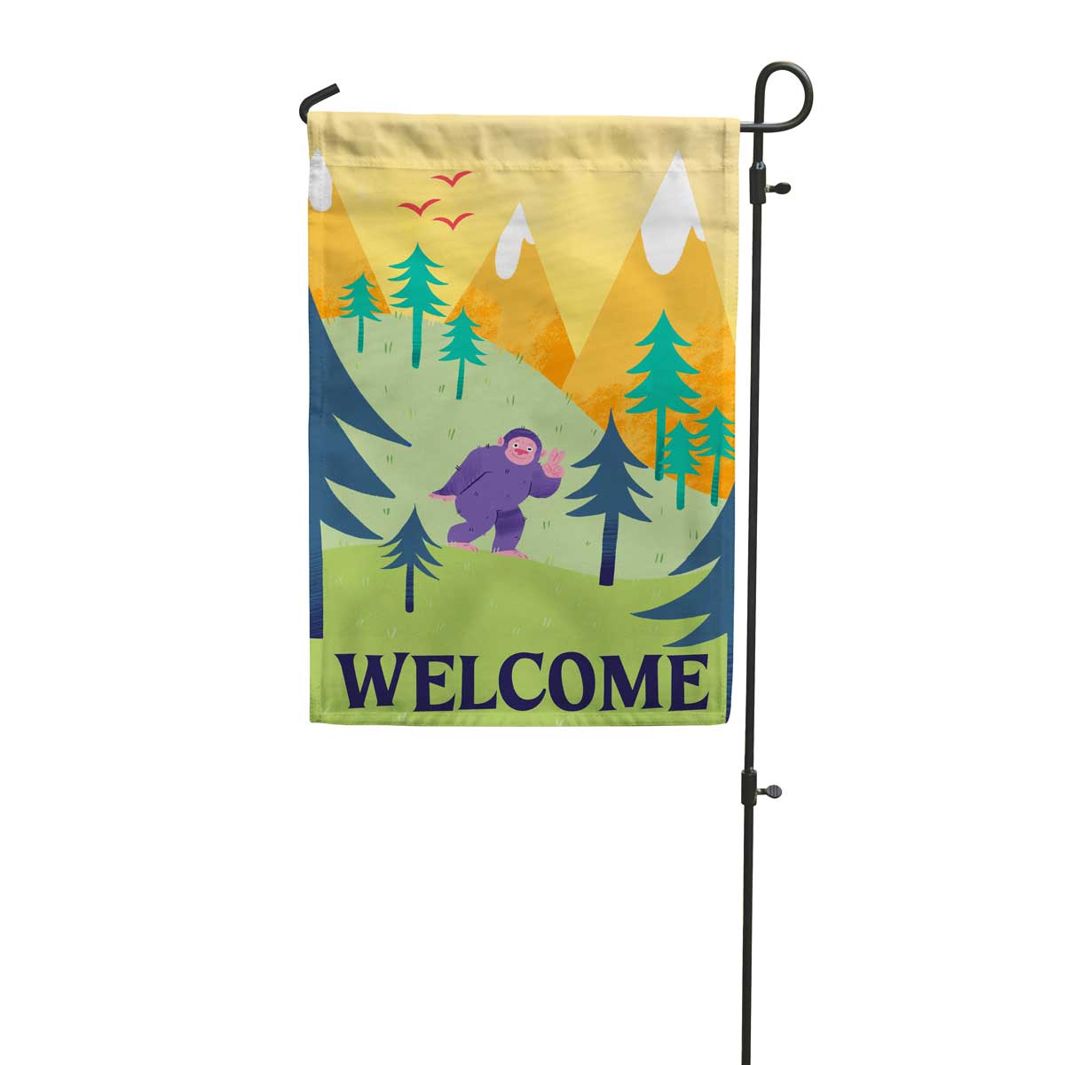 Bigfoot garden flag with a big WELCOME text at the bottom, designed by flags for good