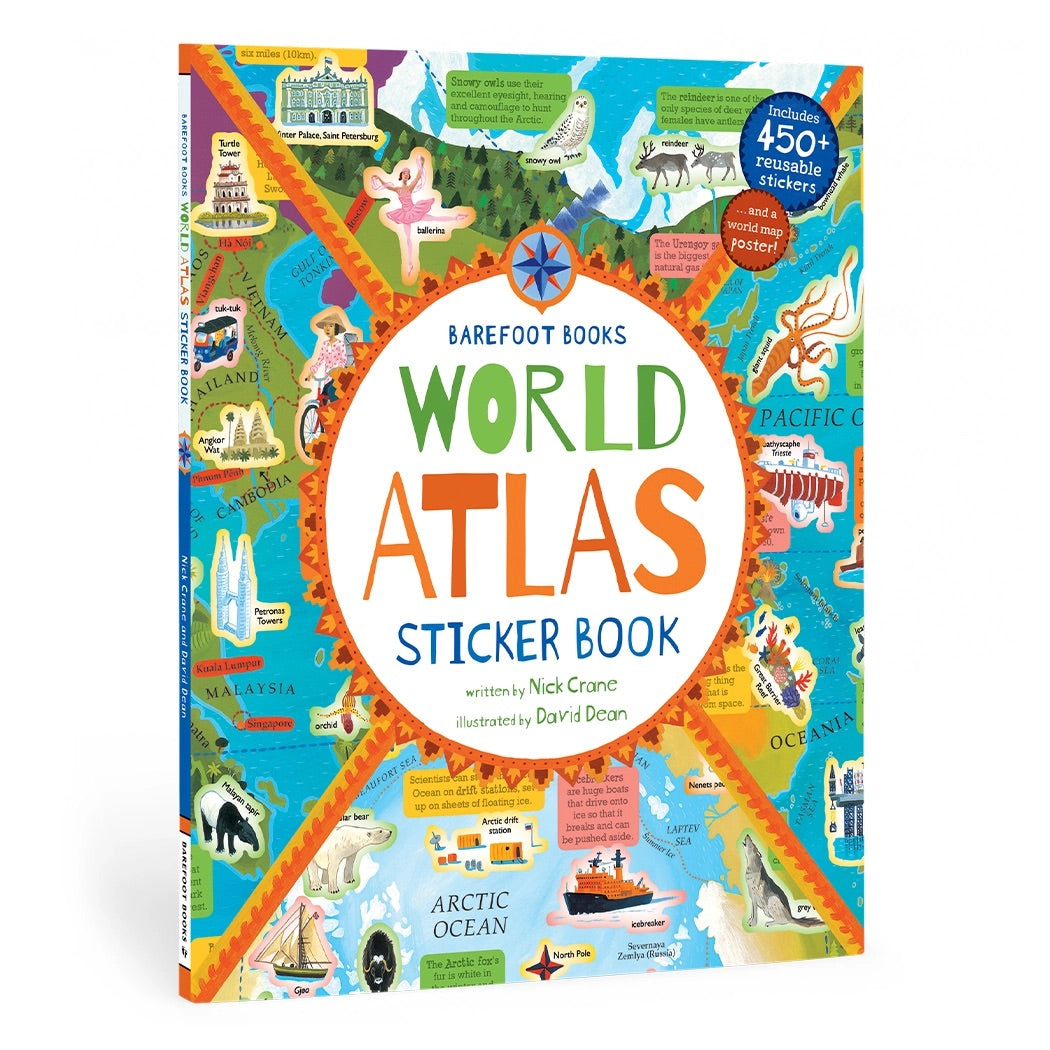 Colorful world atlas sticker book with various illustrations on a white background