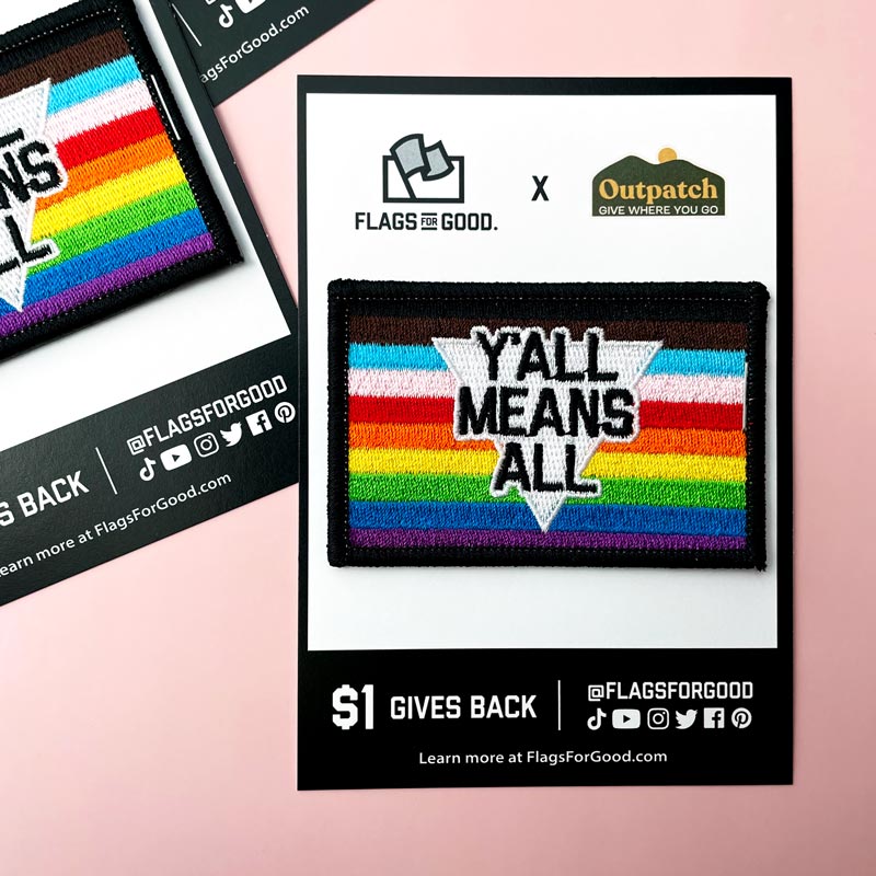 y'all means all progress rainbow pride flag stick on patch collab with outpatch and flags for good