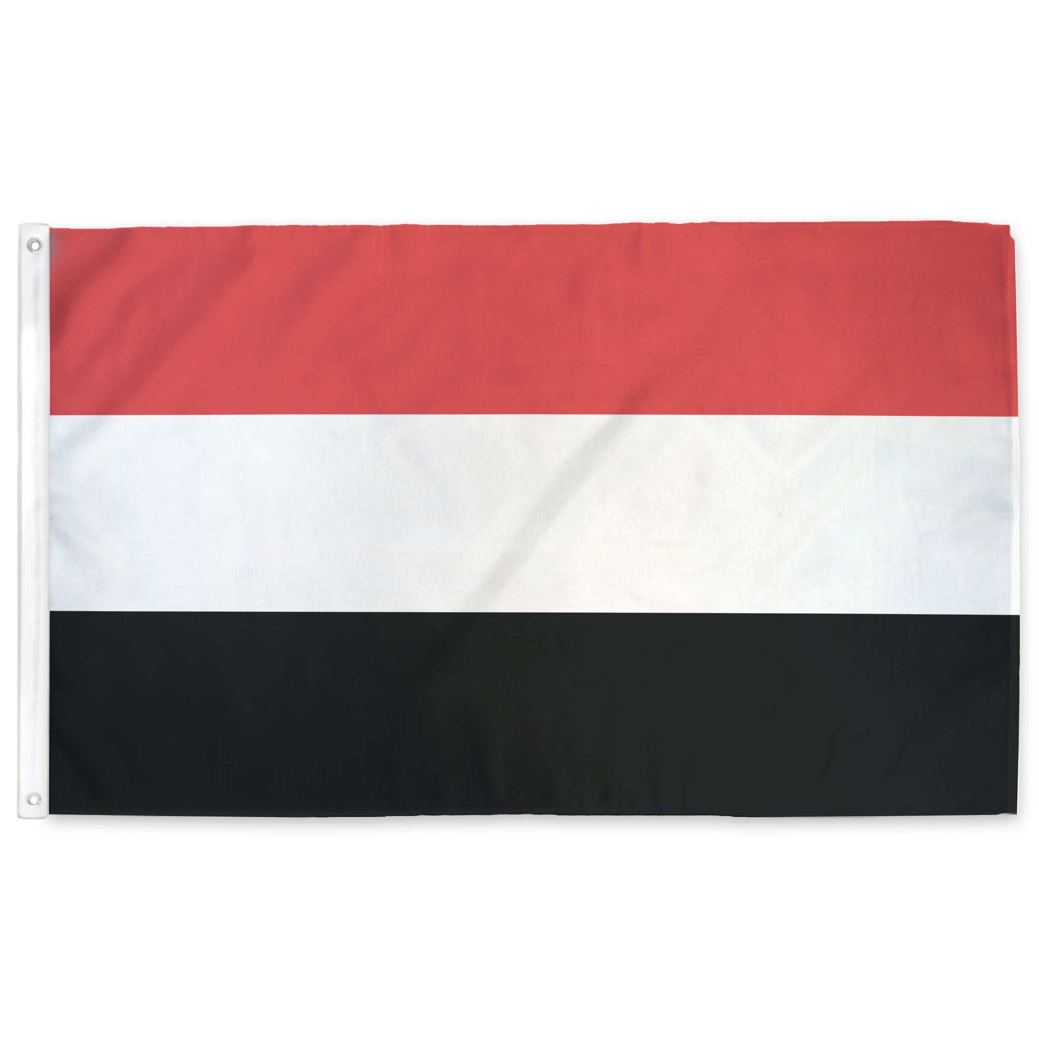 Yemeni flag with red, white, and black horizontal stripes.