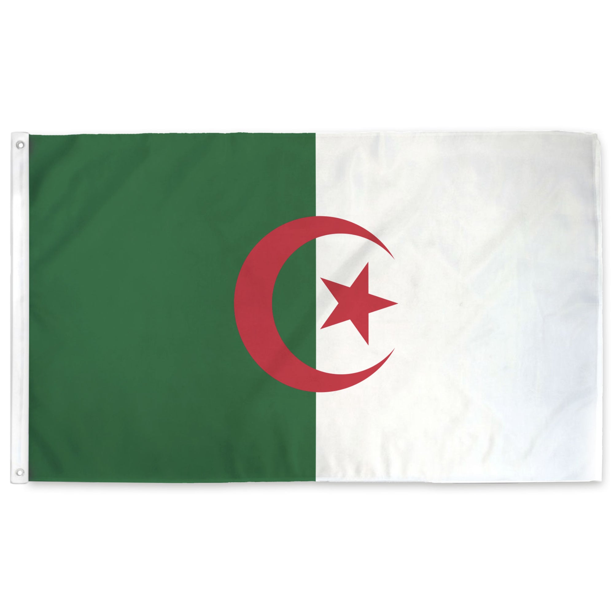 Vertical bicolor flag with green and white, featuring a red crescent moon and star centralized