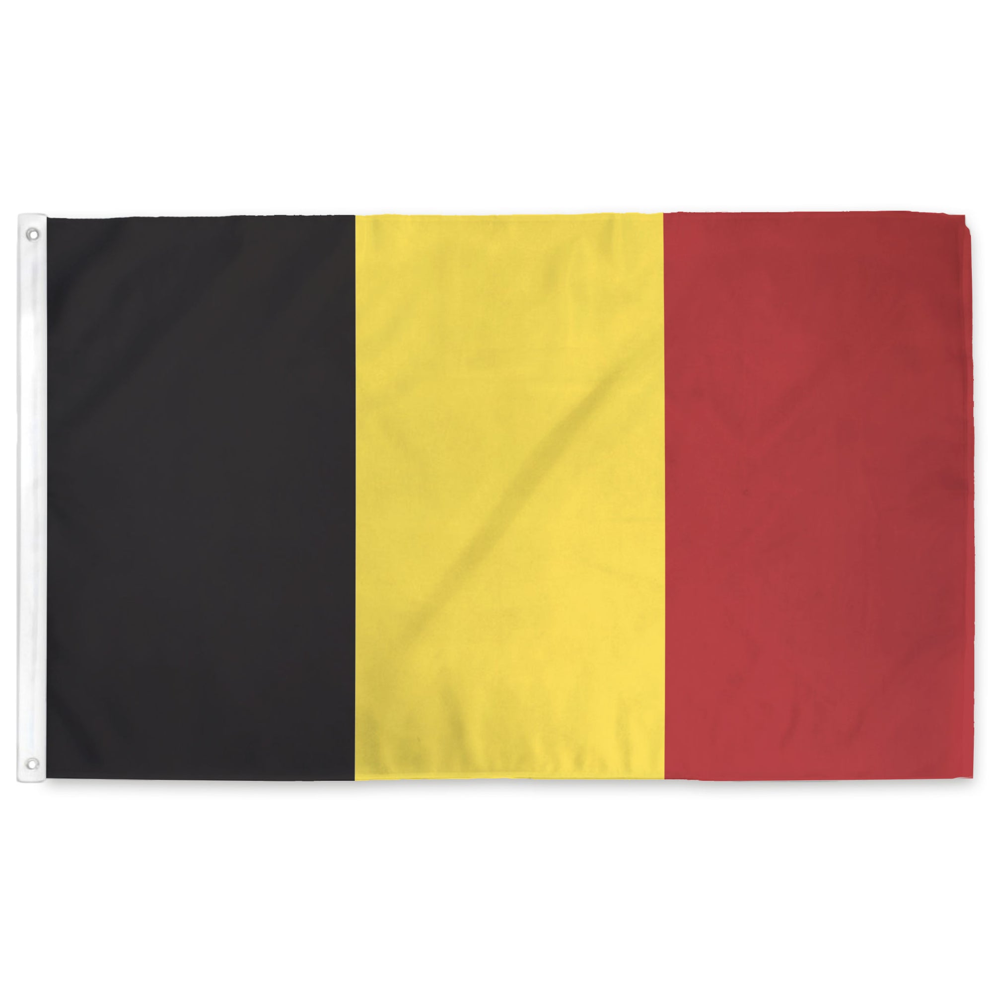 Belgian flag with black, yellow, and red horizontal stripes on a white background