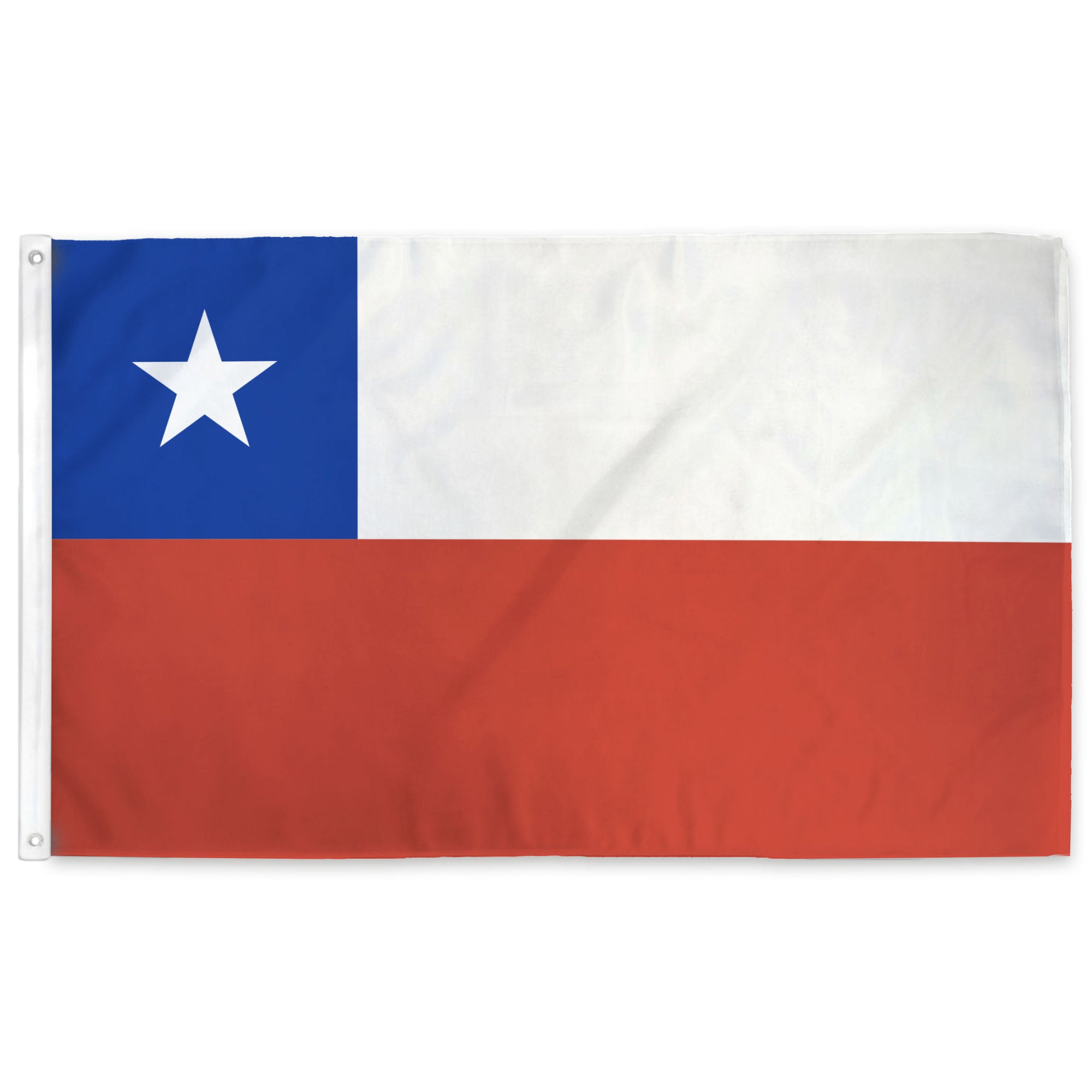 Chilean flag featuring white and red horizontal bicolor stripes and a white star in a blue square canton.