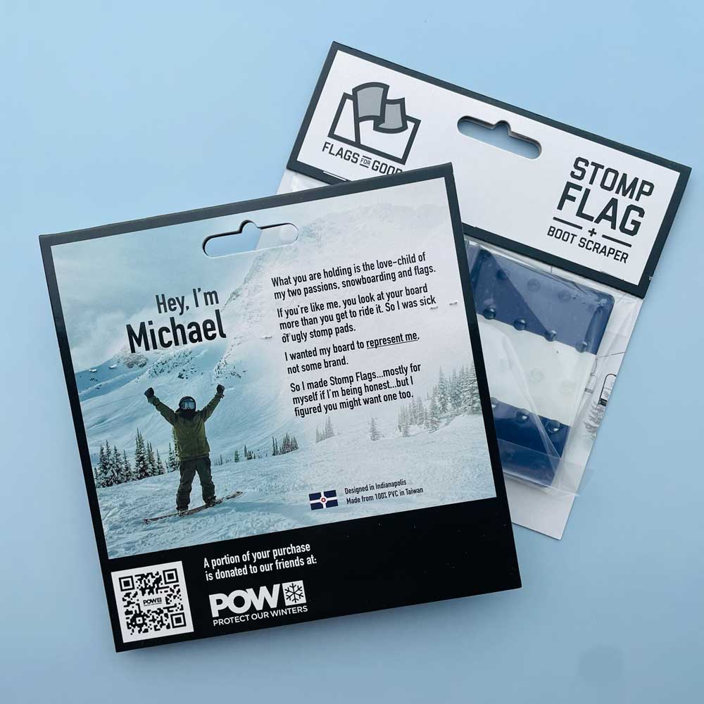 Colorado Flag Snowboard Stomp Pad by Flags For Good and its packaging. this is the back of the packaging telling the story of why Michael designed them and highlightnig the donation to Protect Our Winters.