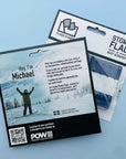 Colorado Flag Snowboard Stomp Pad by Flags For Good and its packaging. this is the back of the packaging telling the story of why Michael designed them and highlightnig the donation to Protect Our Winters.