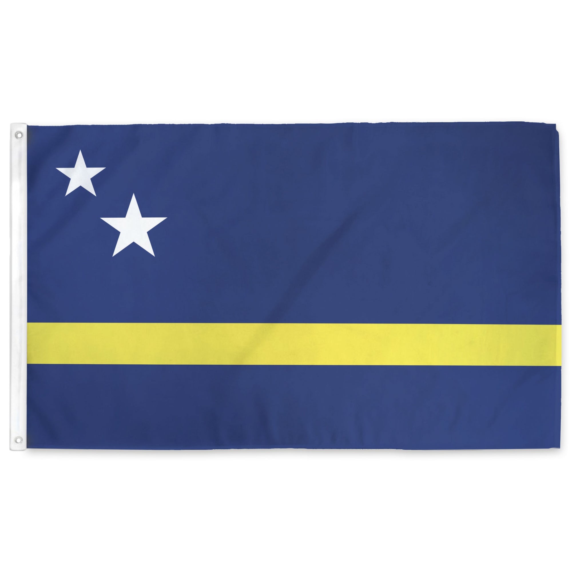 Curacao flag with two white stars and a yellow stripe on a blue background
