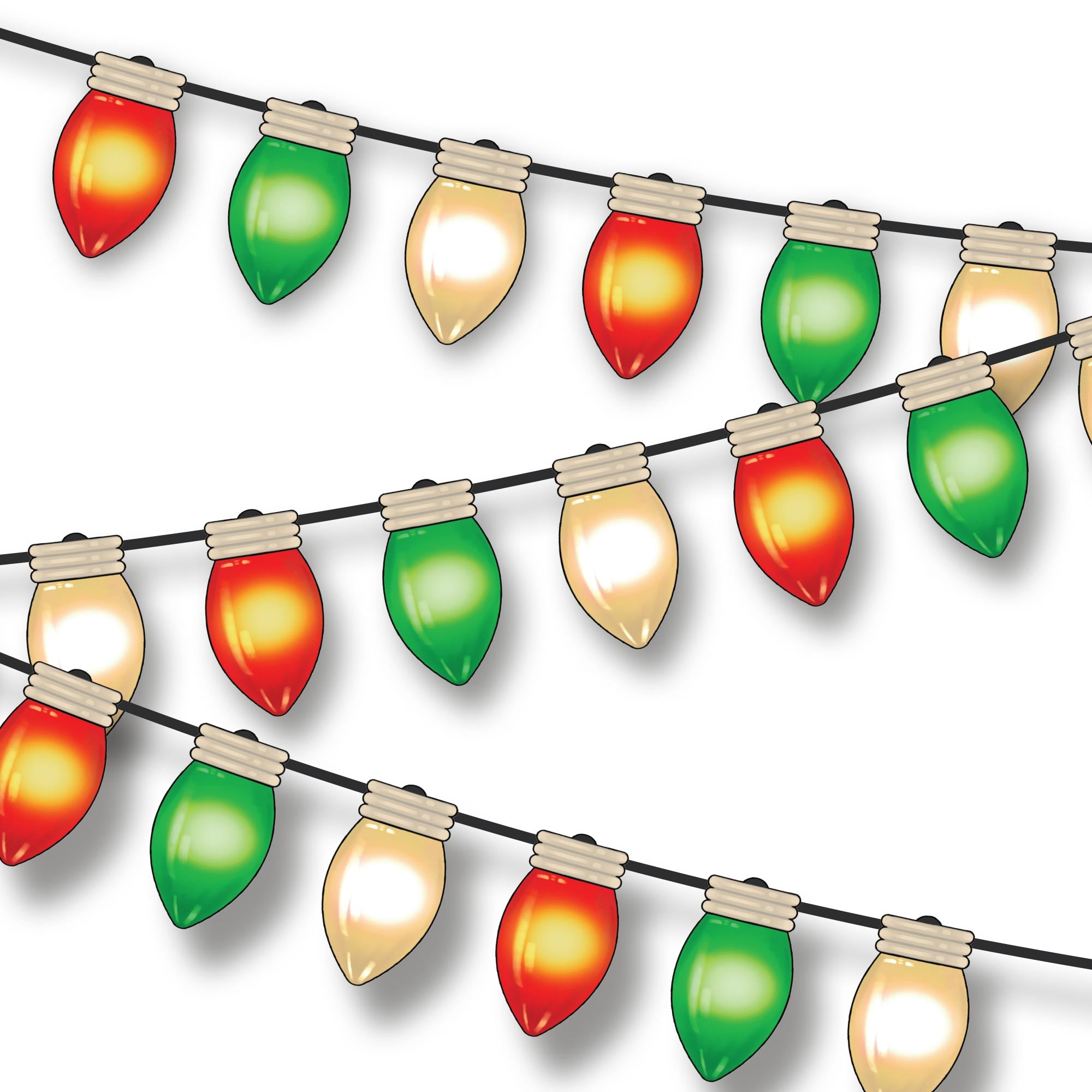 String of colorful Christmas lights on a white background
