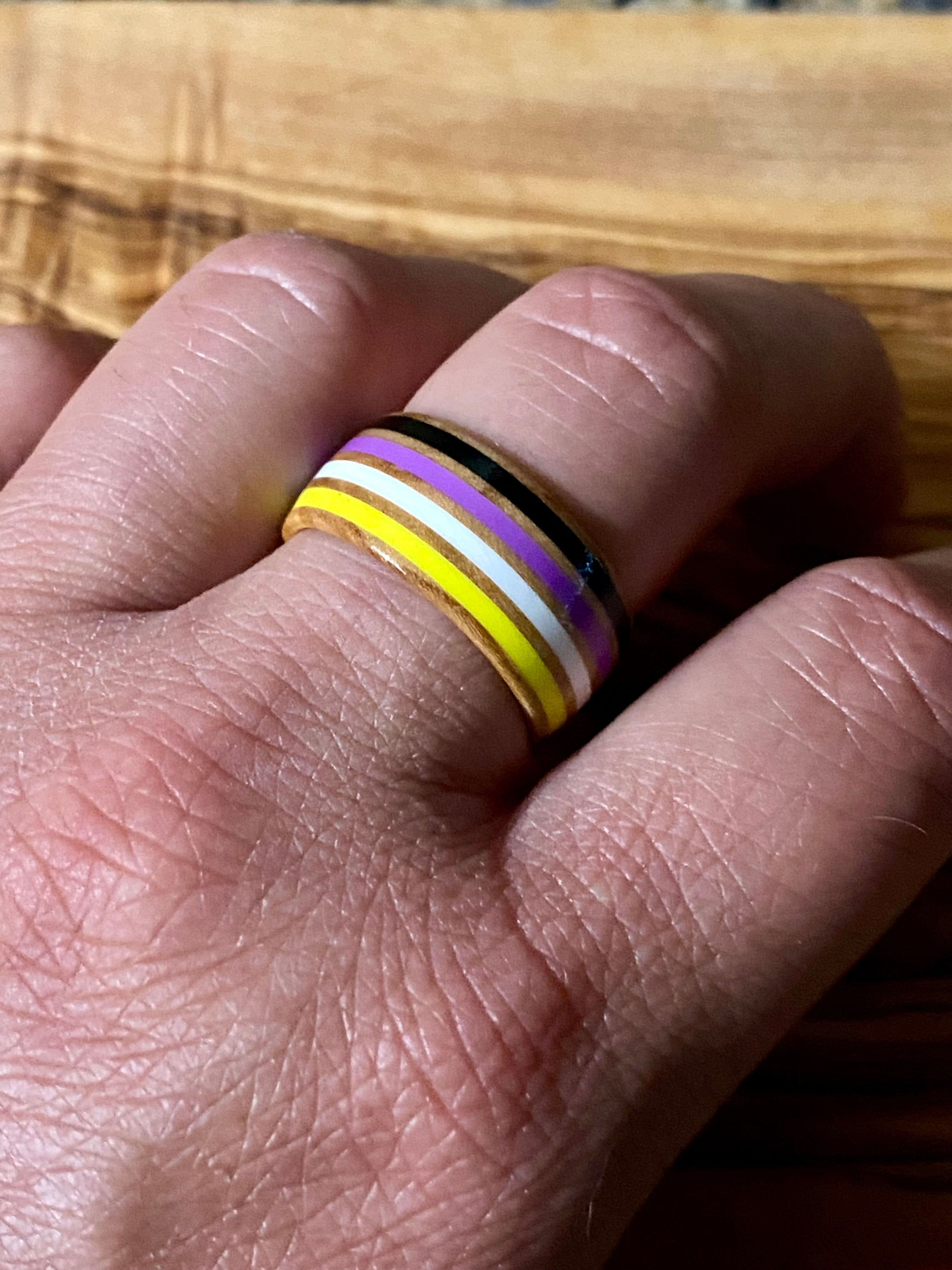 Non-Binary Pride Ring | Olive Wood Stainless Steel Band Ring