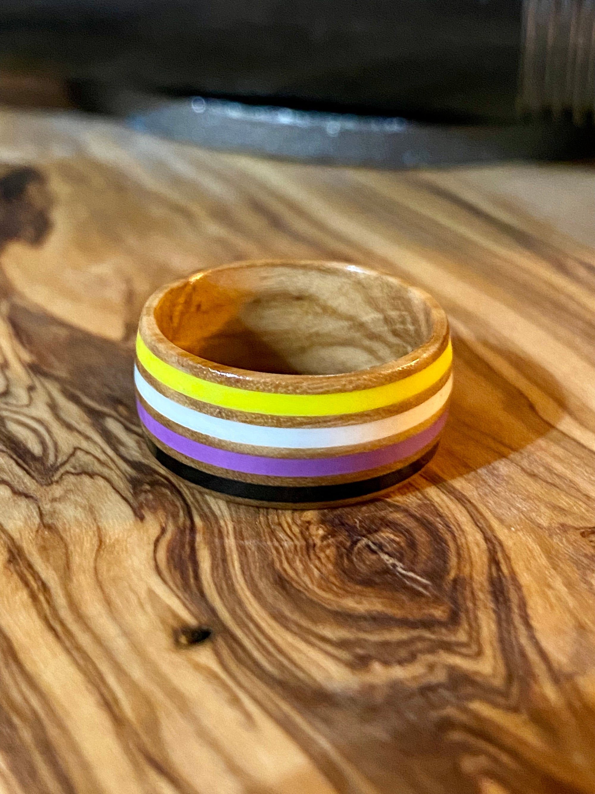 Non-Binary Pride Ring | Olive Wood Stainless Steel Band Ring