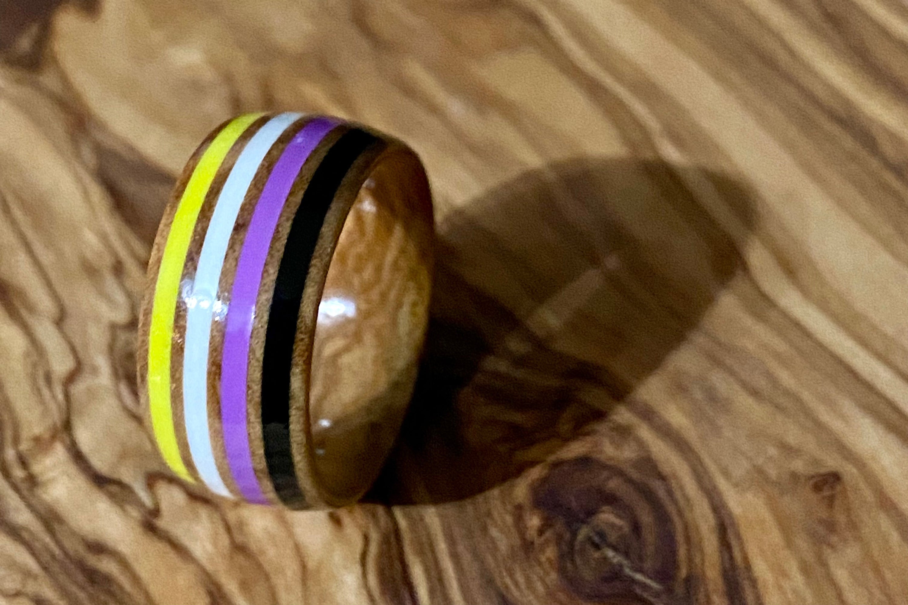 Non-Binary Pride Ring | Olive Wood Stainless Steel Band Ring
