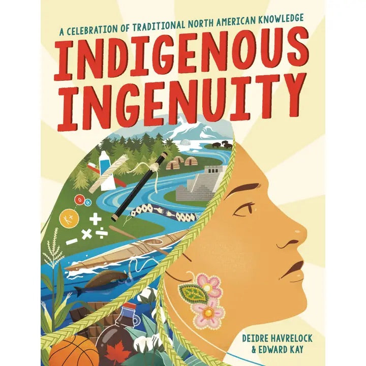 Book cover of 'Indigenous Ingenuity' with a stylized illustration of a person's face and various cultural elements.