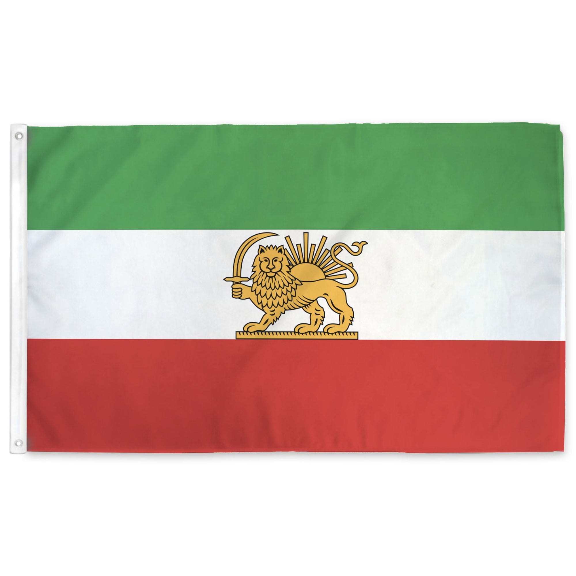 Flag with green, white, and red horizontal stripes and a gold lion emblem in the center.