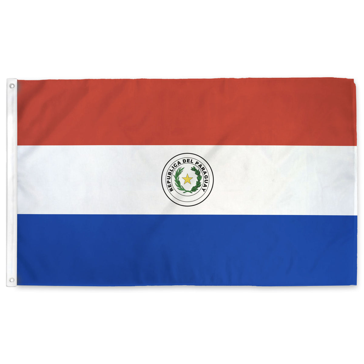The national flag of Paraguay, featuring horizontal stripes of red, white, and blue with the circular emblem of the Republic of Paraguay in the center, displayed flat against a white background.