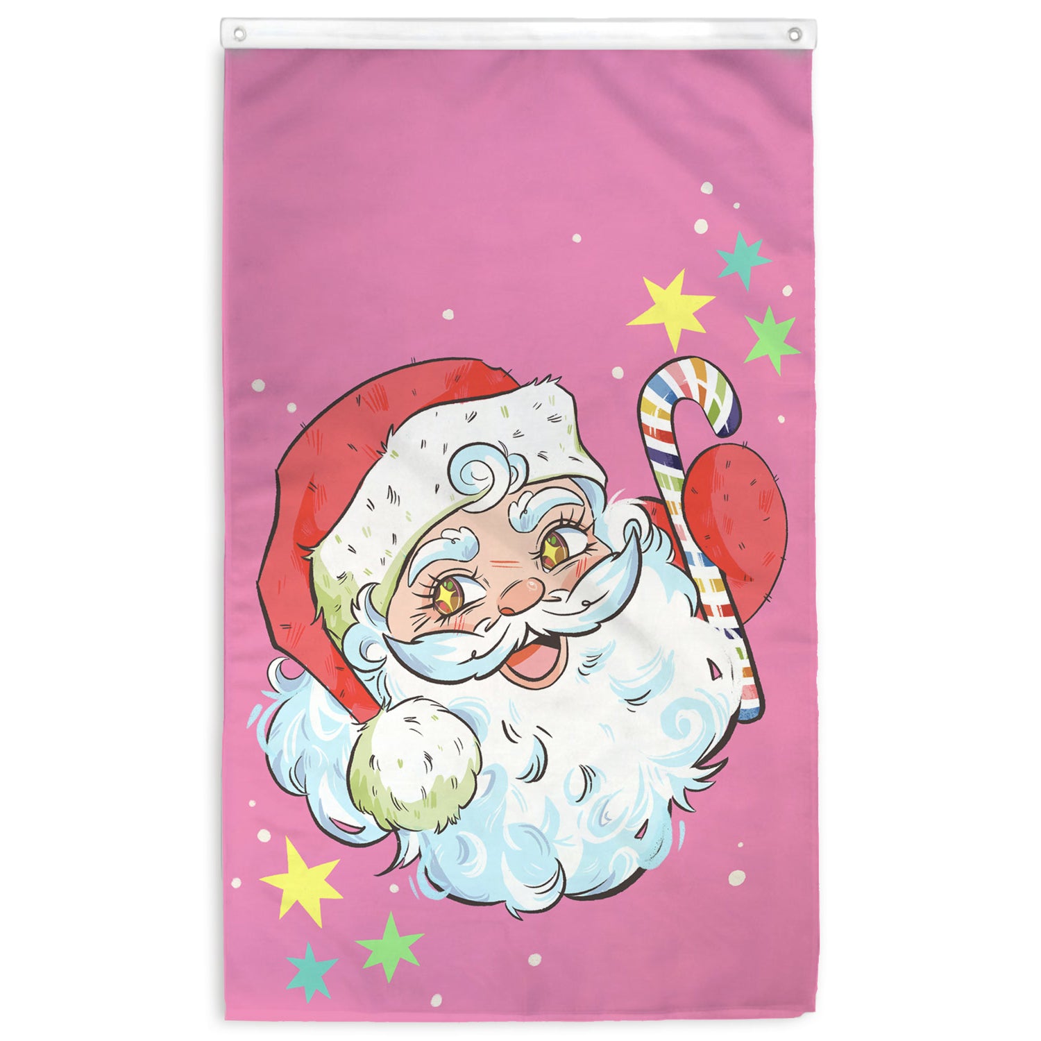 Holiday flag of a colorful, jolly Santa holding a rainbow candy cane on a bright pink background