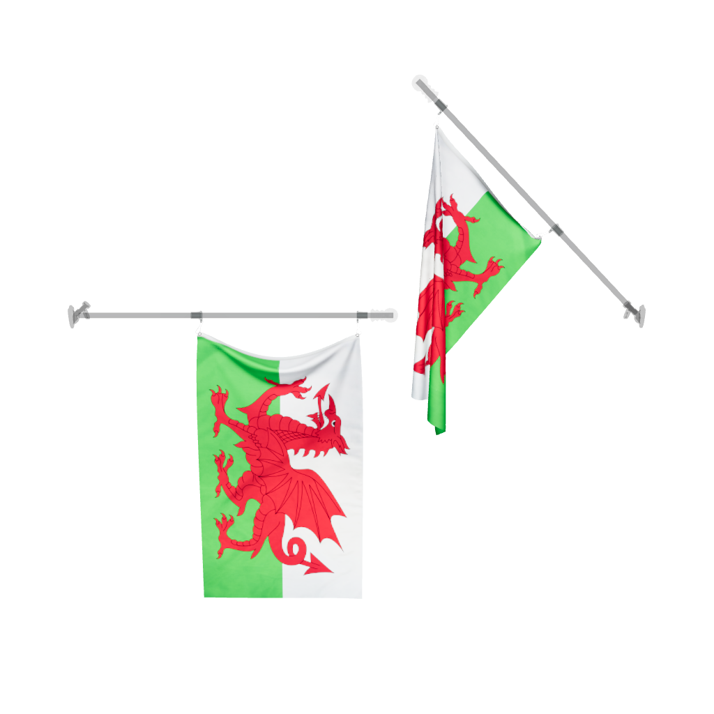 3D model of the Wales flag with a red dragon on a white and green background