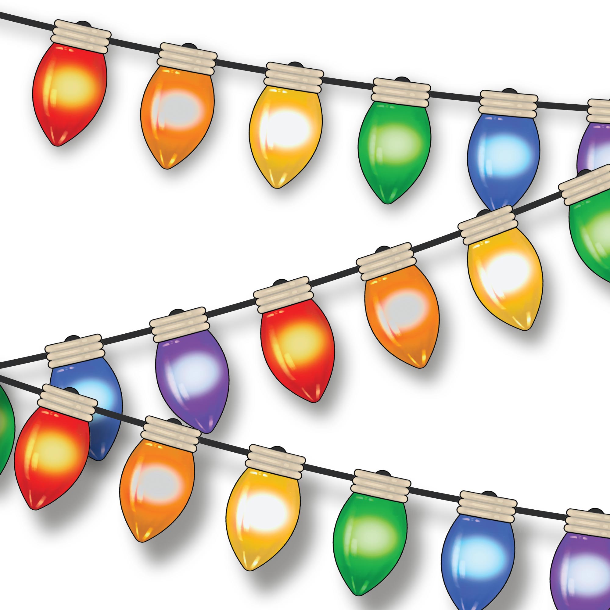 Holiday bulbs in rainbow colors, red, orange, yellow, green, blue, purple