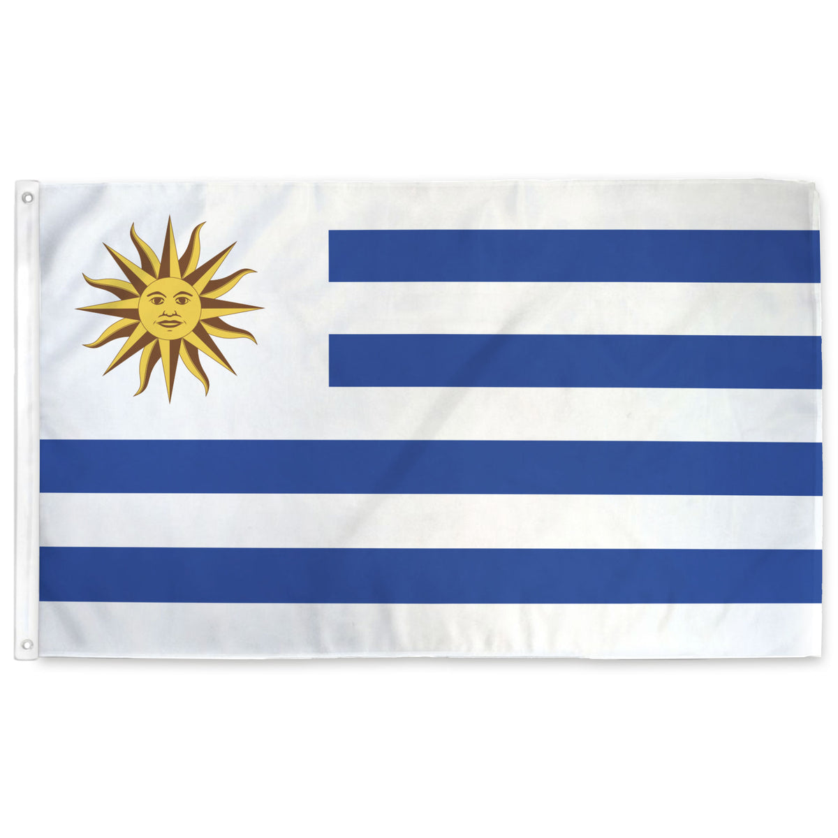 Uruguay national flag with blue and white horizontal stripes and the golden Sun of May in the upper left, shown flat against a white background.