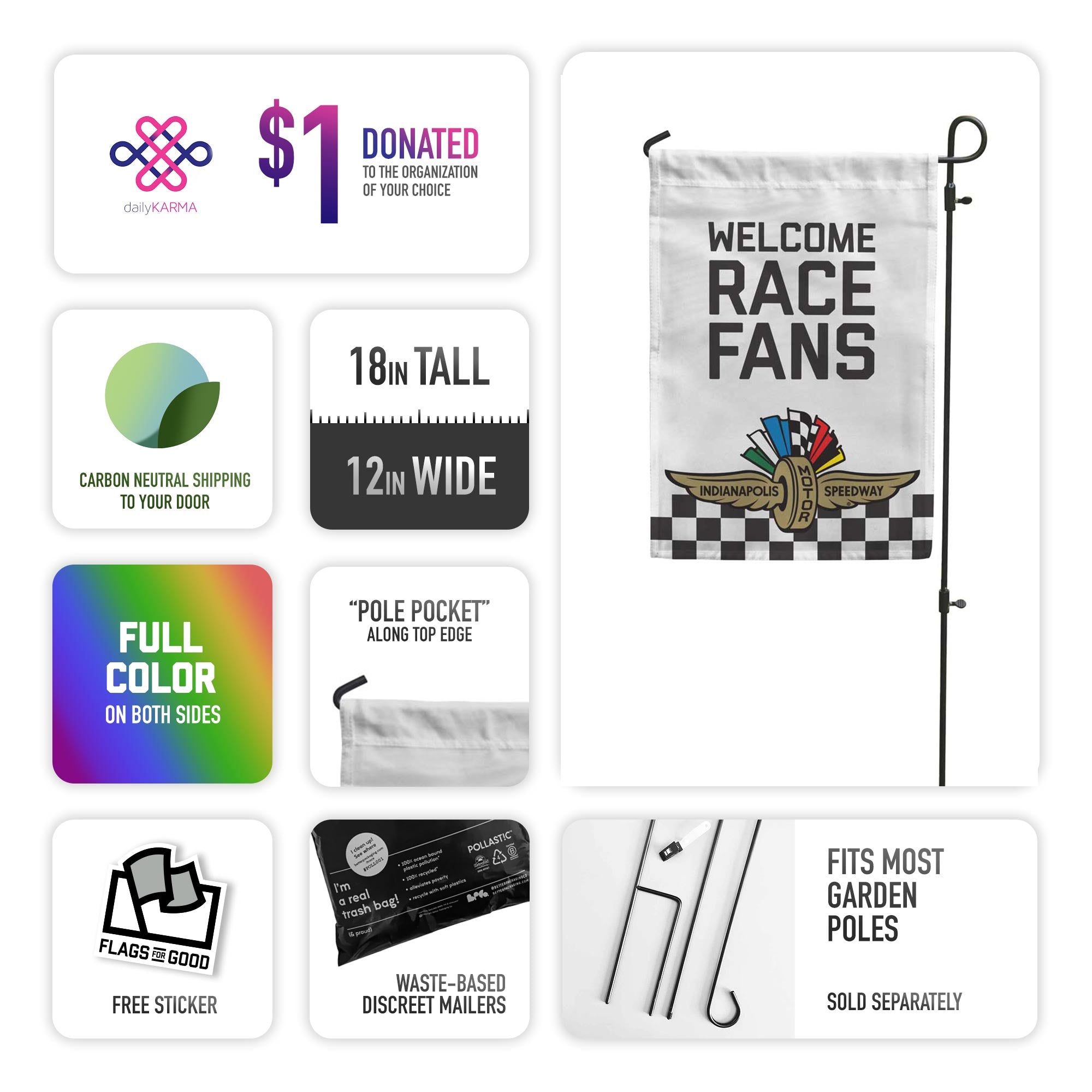 Welcome Race Fans IMS Checkered Garden Flag Spec Sheet