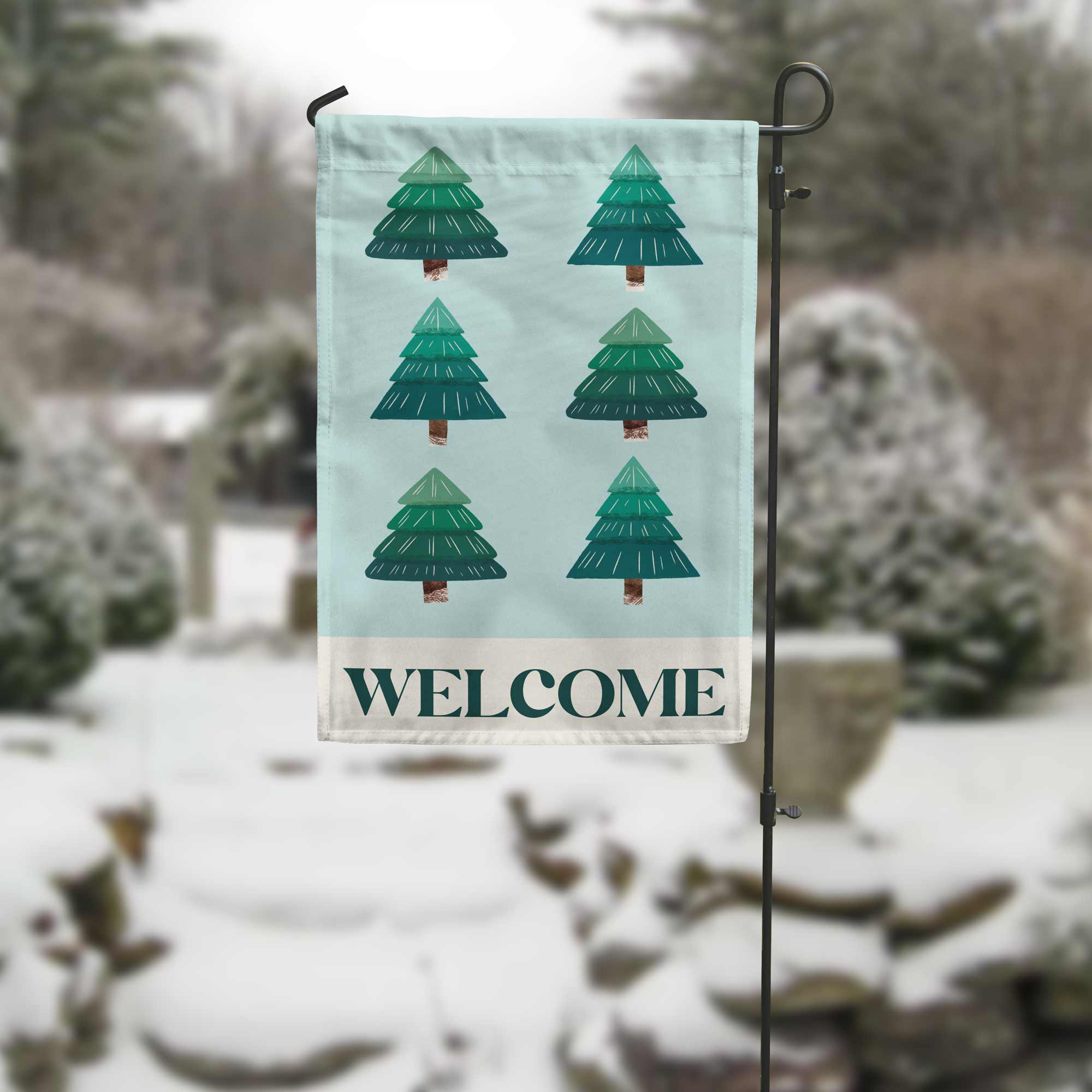 Welcome trees garden flag in outdoor setting 